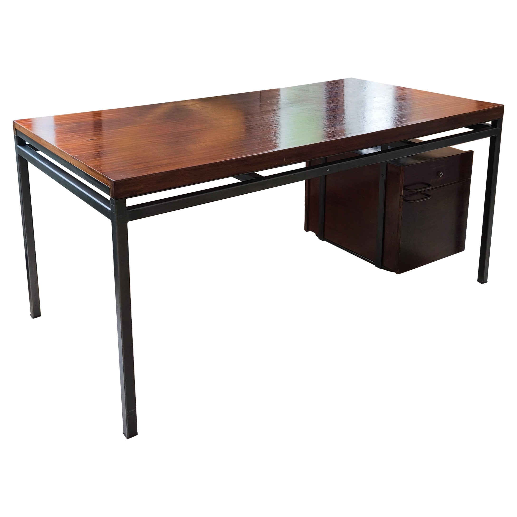 Bureau avec piédestal Georges Frydman pour EFA, années 1960, placage de bois de rose et métal