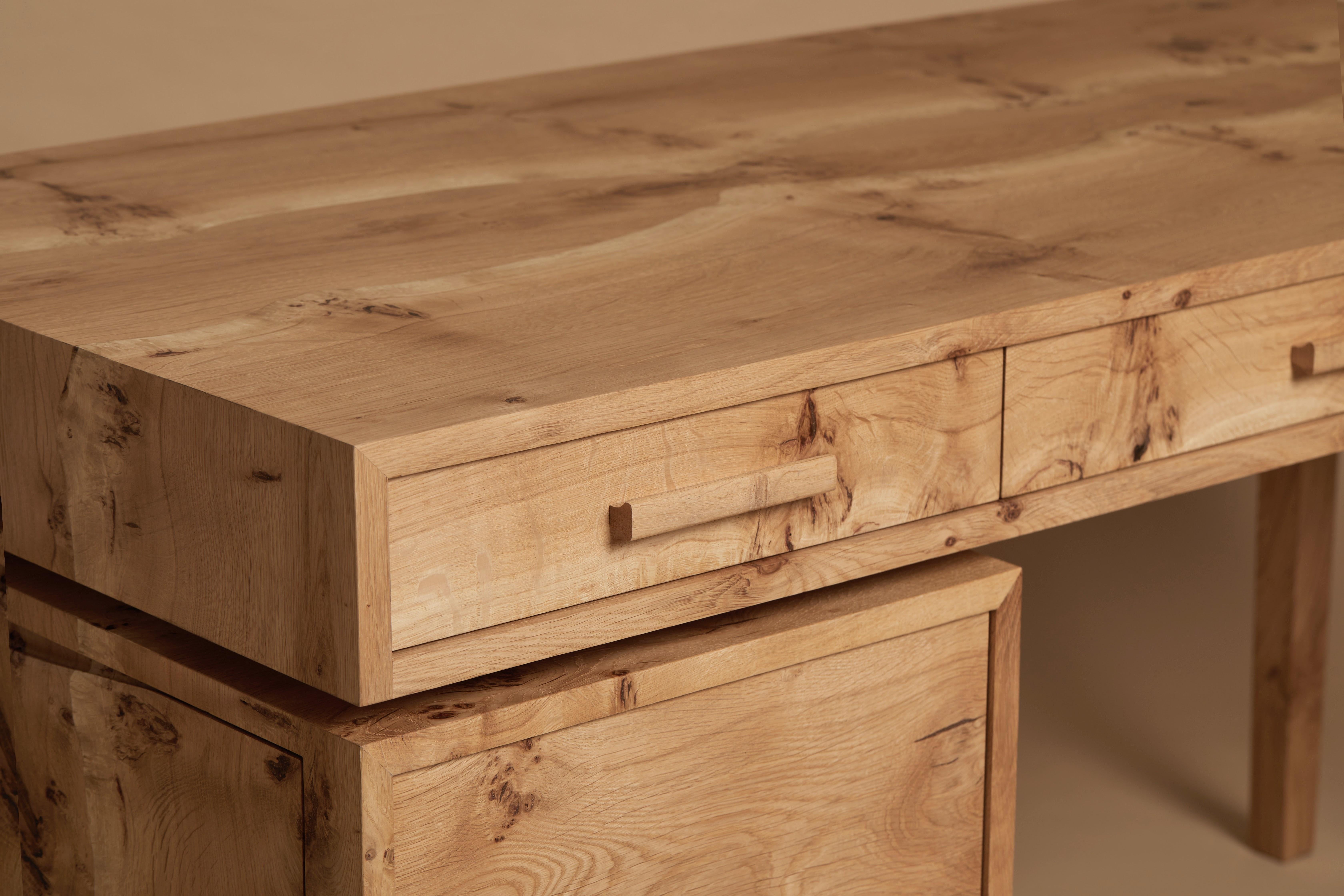 Desk, book-matched pippy English oak, printer and file drawer By Jonathan Field For Sale 4