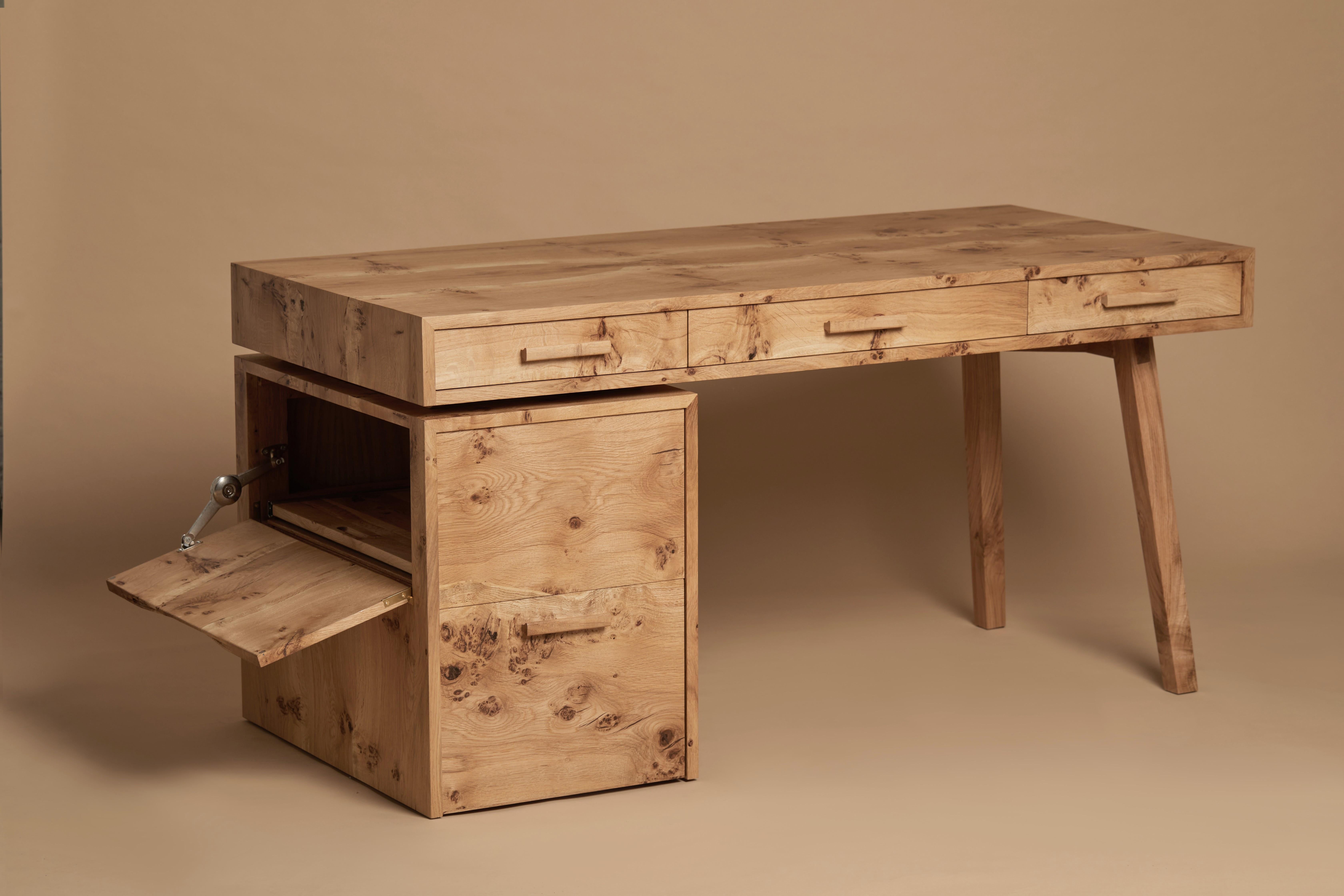 Desk, book-matched pippy English oak, printer and file drawer By Jonathan Field For Sale 5