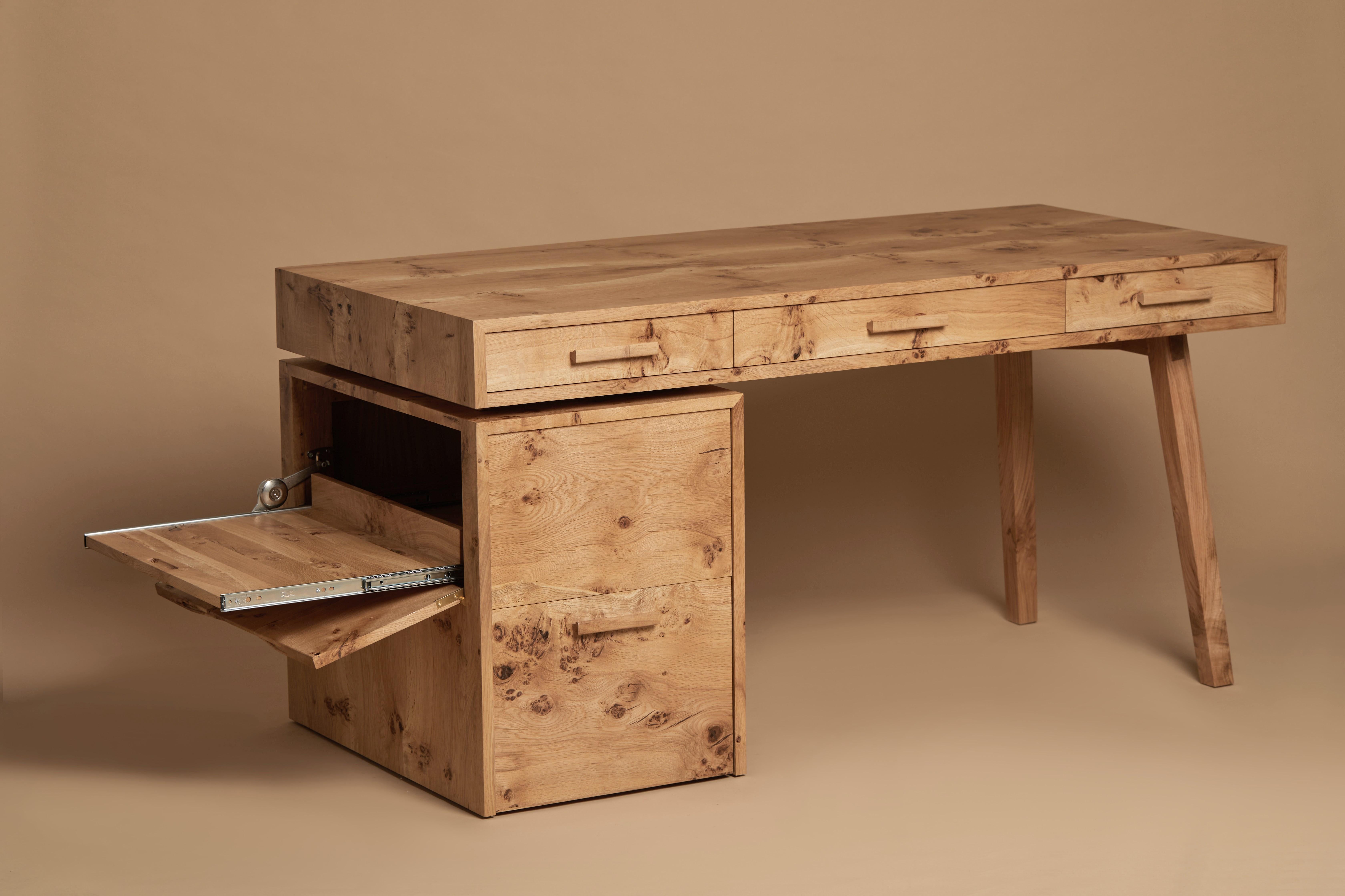 Desk, book-matched pippy English oak, printer and file drawer By Jonathan Field For Sale 6