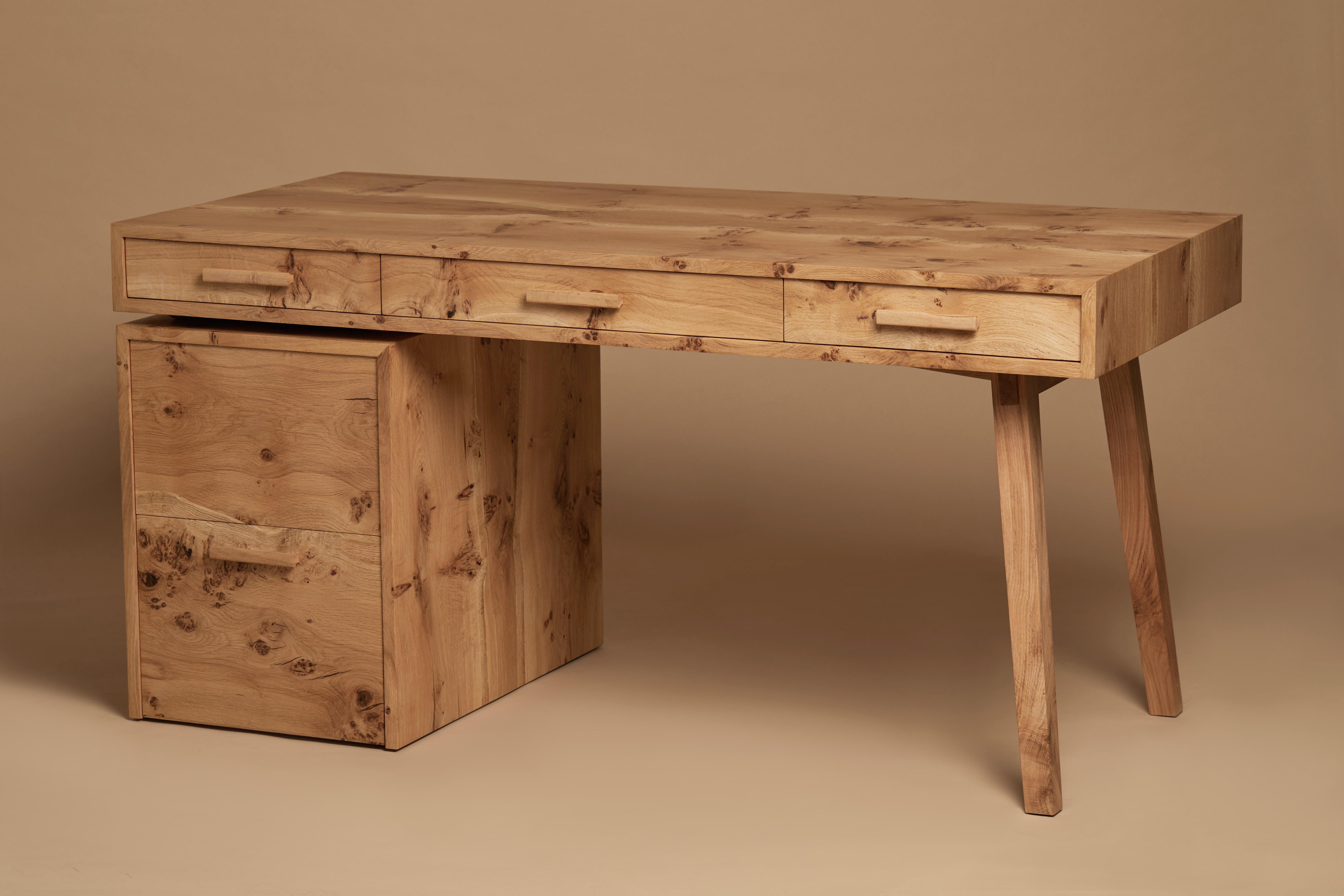 Desk, book-matched pippy English oak, printer and file drawer By Jonathan Field For Sale 7