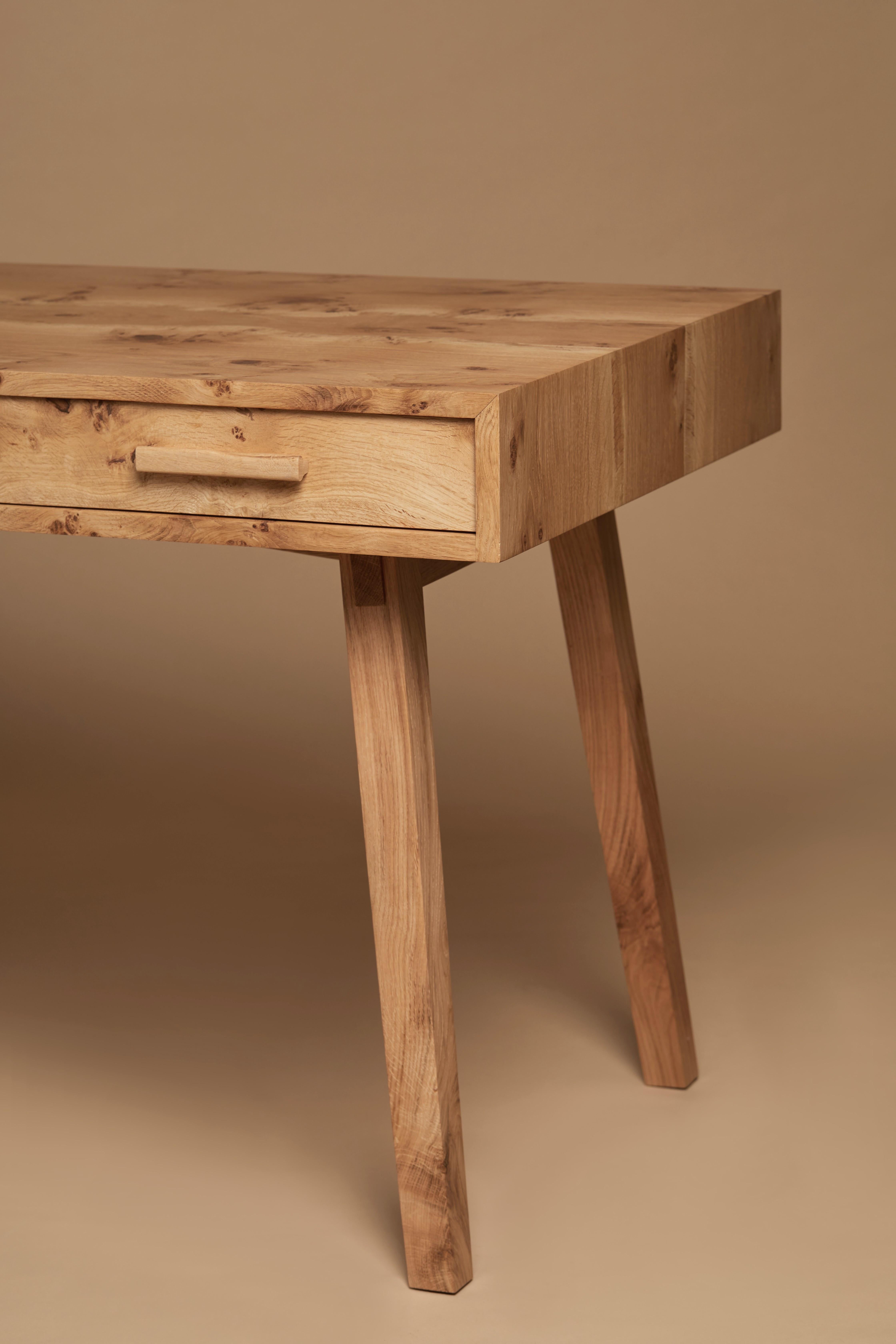 Desk, book-matched pippy English oak, printer and file drawer By Jonathan Field For Sale 8