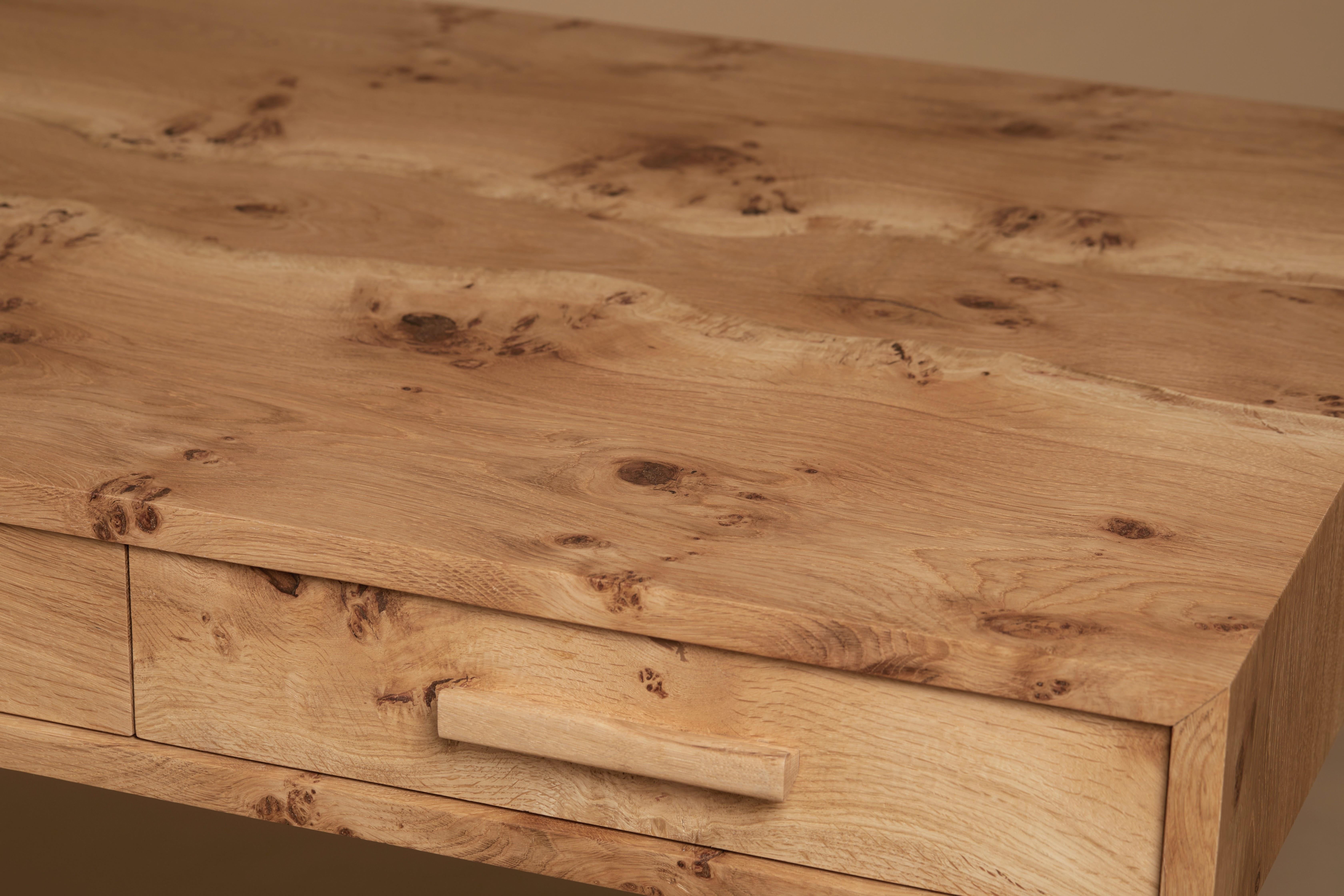 Desk, book-matched pippy English oak, printer and file drawer By Jonathan Field For Sale 9