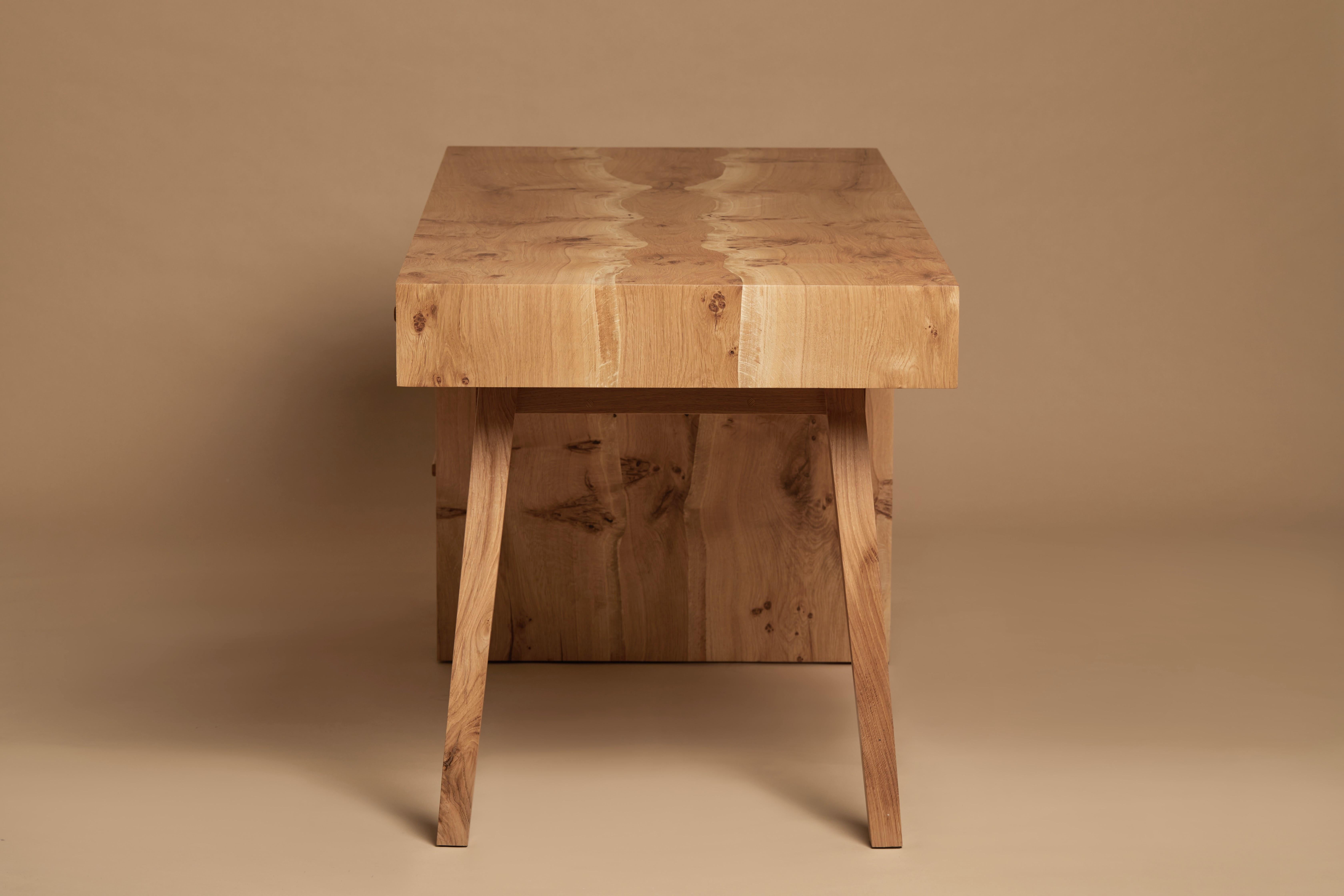 Desk, book-matched pippy English oak, printer and file drawer By Jonathan Field For Sale 10