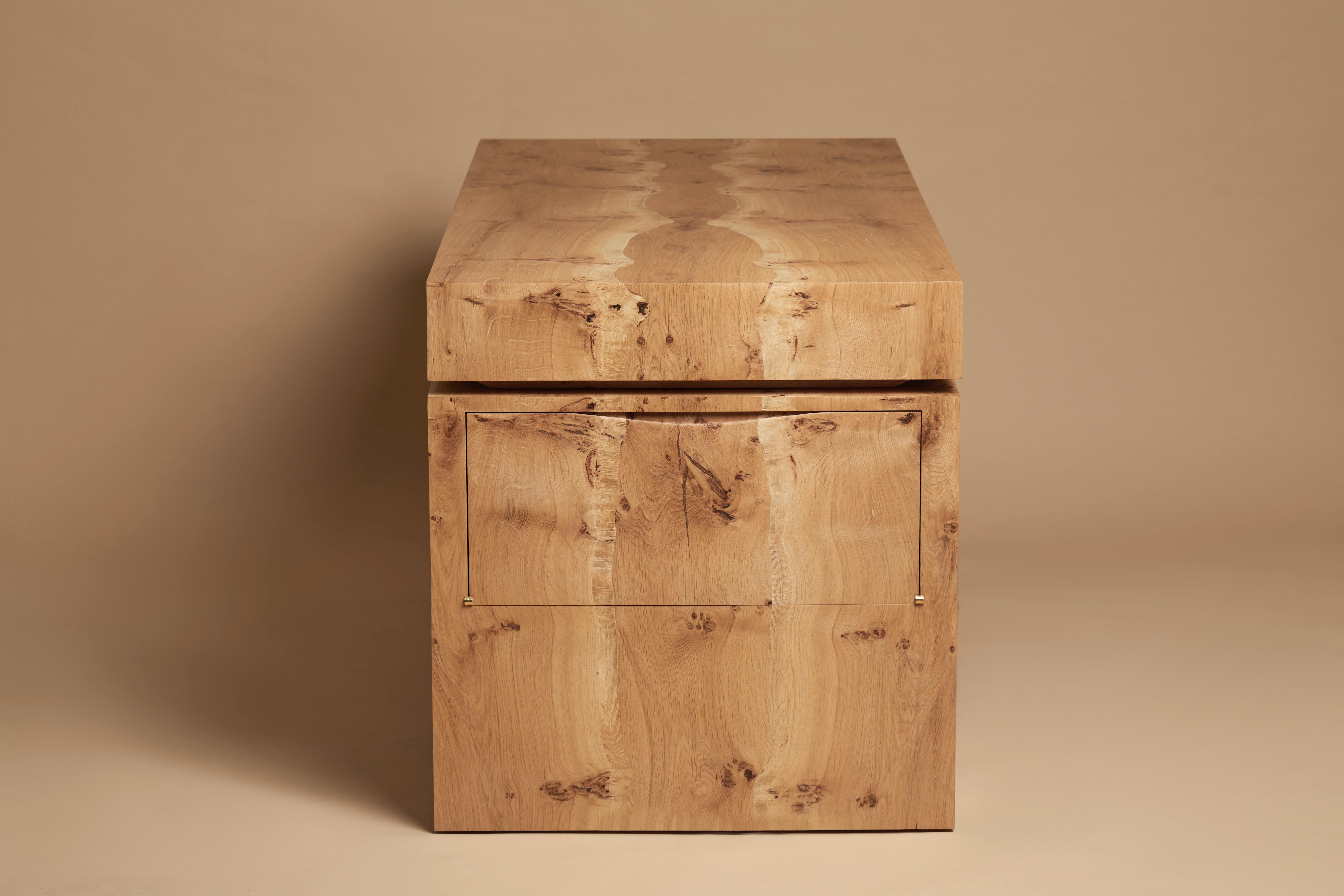 Desk, book-matched pippy English oak, printer and file drawer By Jonathan Field For Sale 12