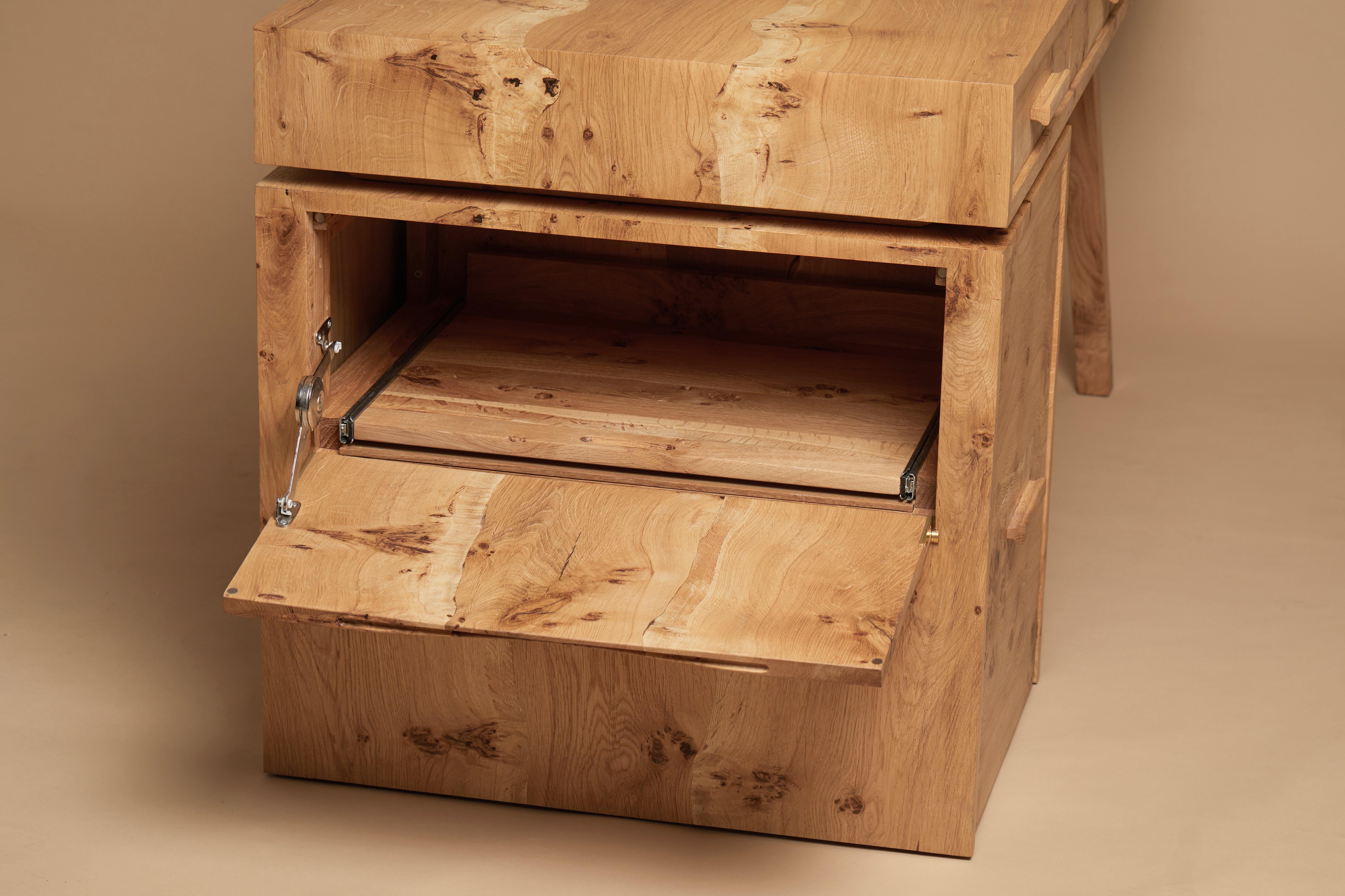 Desk, book-matched pippy English oak, printer and file drawer By Jonathan Field For Sale 13