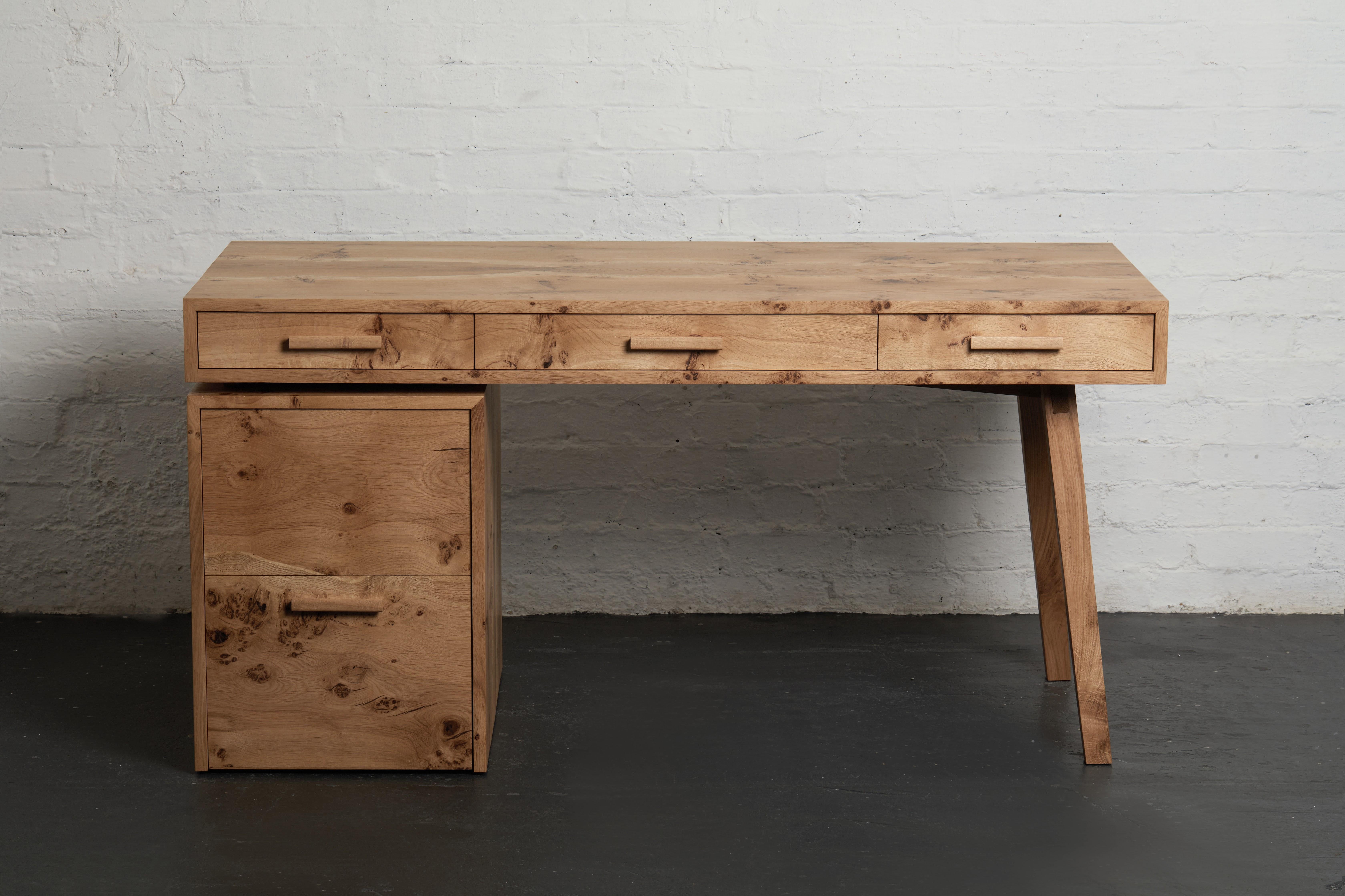 Desk, book-matched pippy English oak, printer and file drawer By Jonathan Field For Sale 14