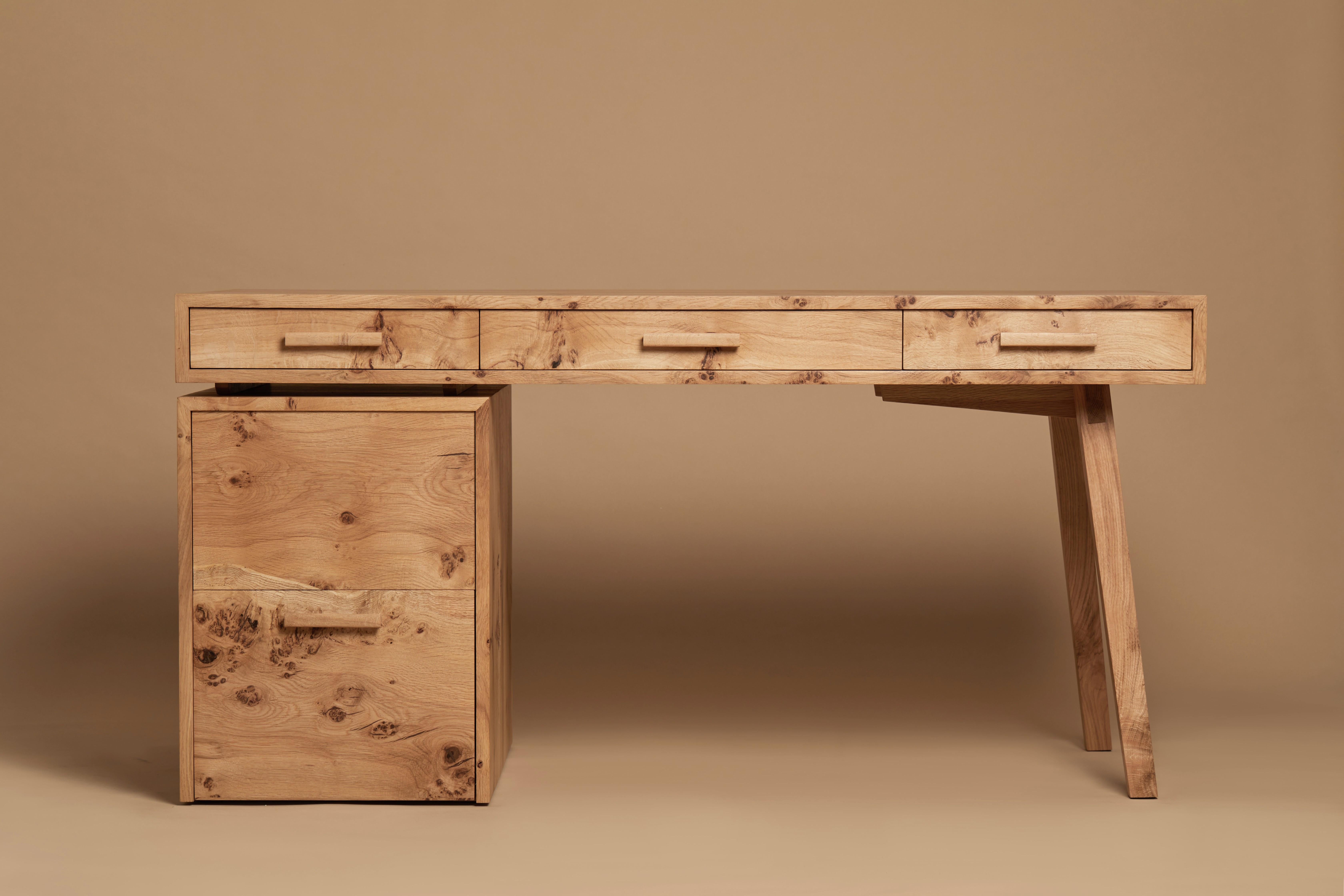 Mid-Century Modern Desk, book-matched pippy English oak, printer and file drawer By Jonathan Field For Sale