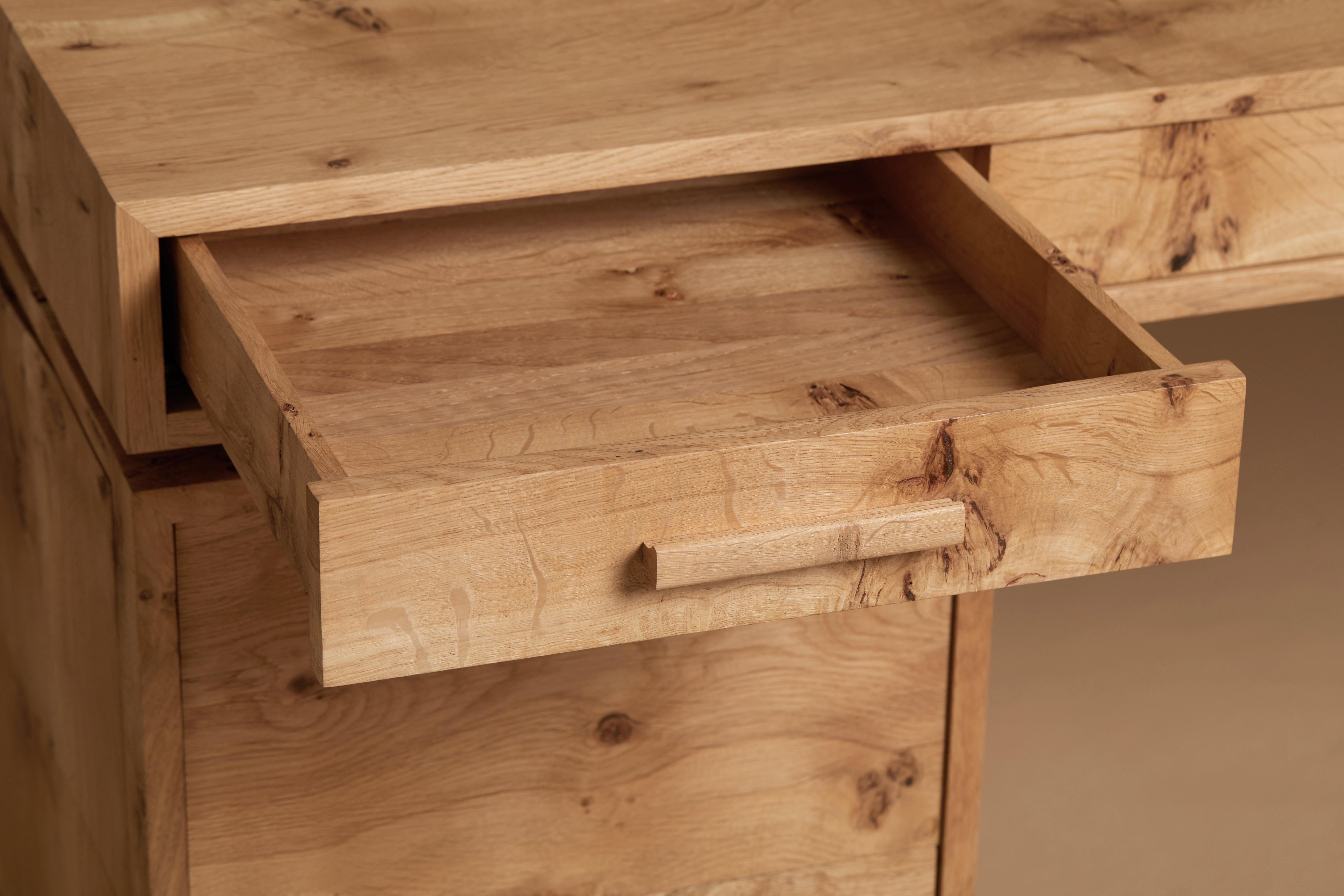 Contemporary Desk, book-matched pippy English oak, printer and file drawer By Jonathan Field For Sale