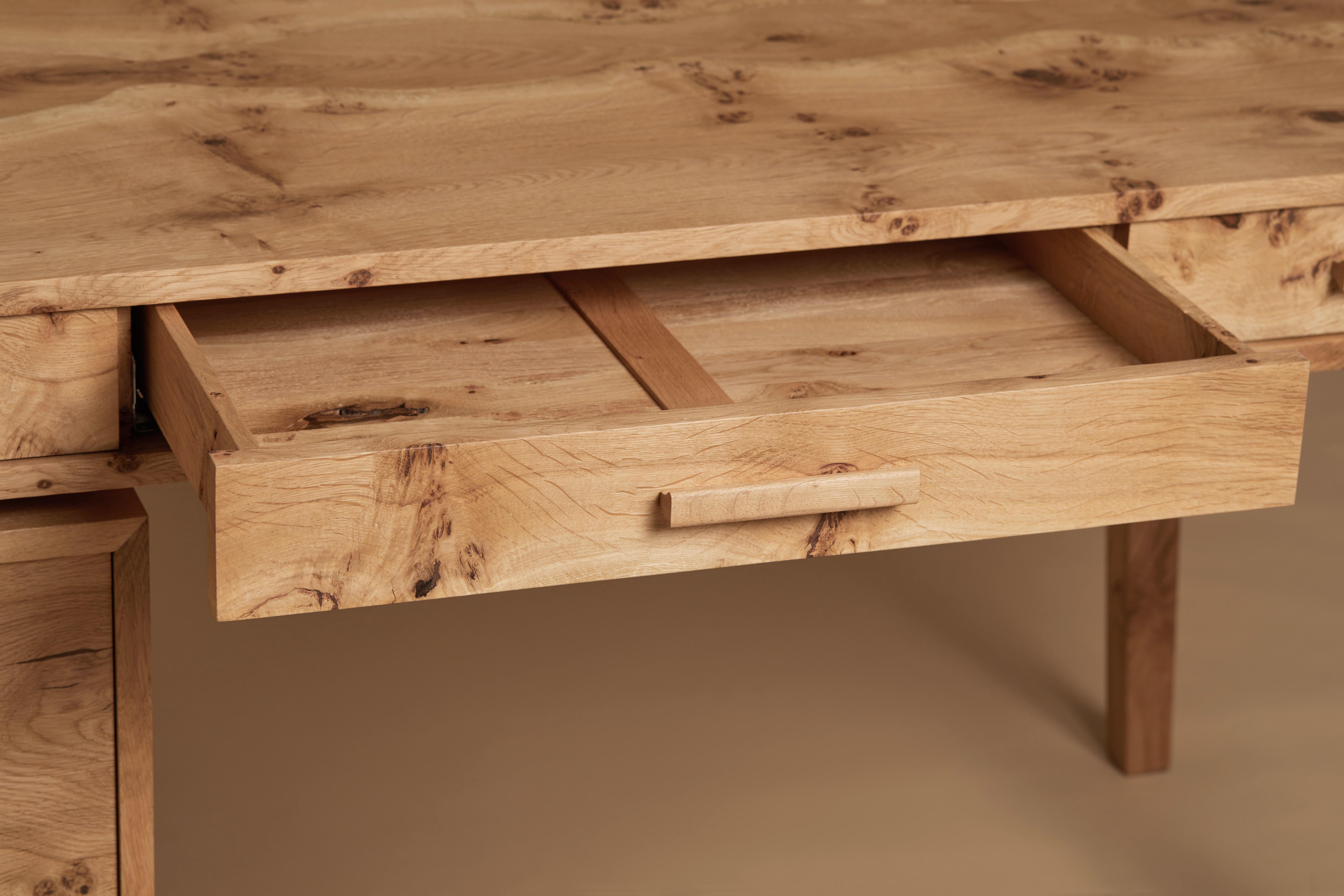 Oak Desk, book-matched pippy English oak, printer and file drawer By Jonathan Field For Sale