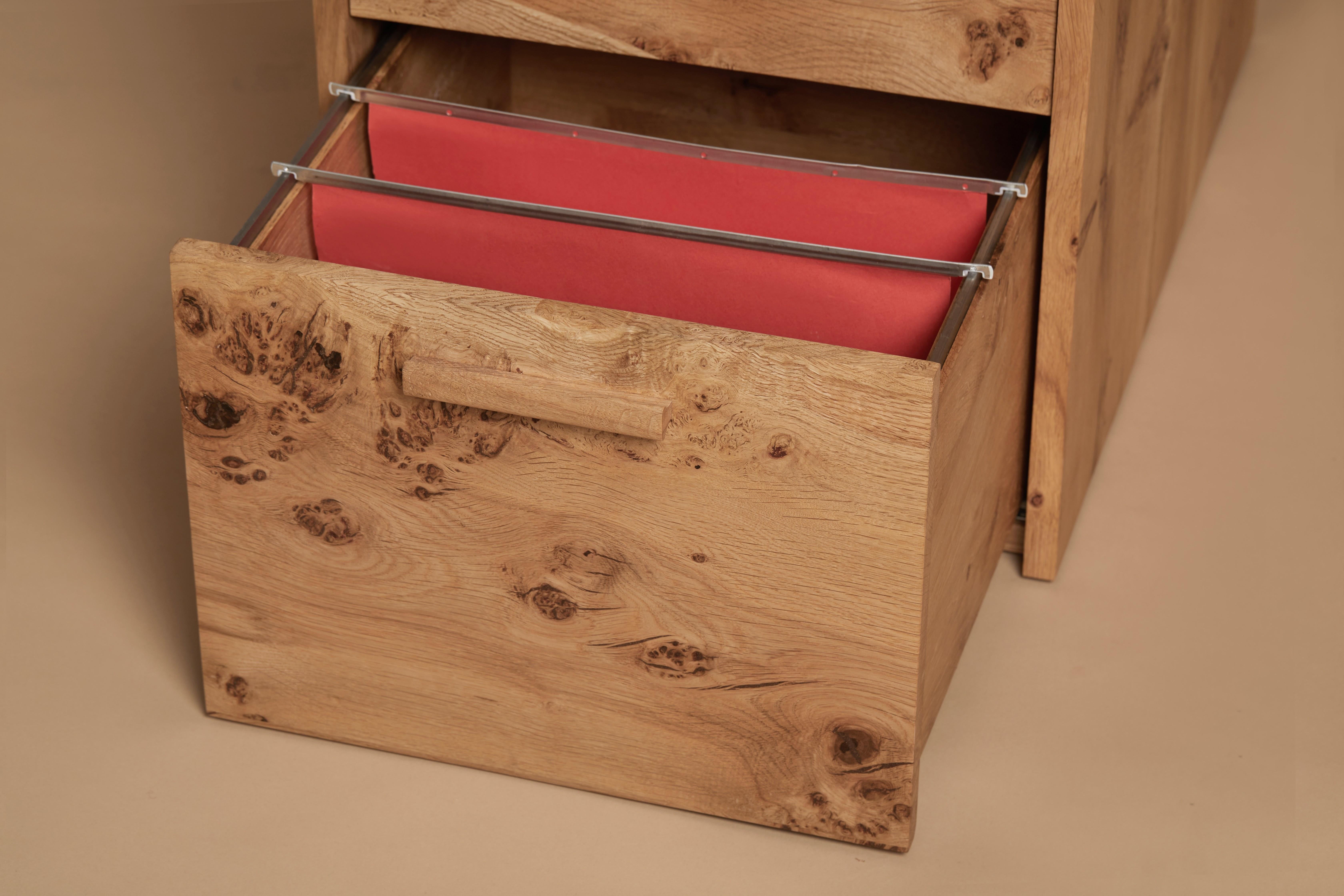 Desk, book-matched pippy English oak, printer and file drawer By Jonathan Field For Sale 1