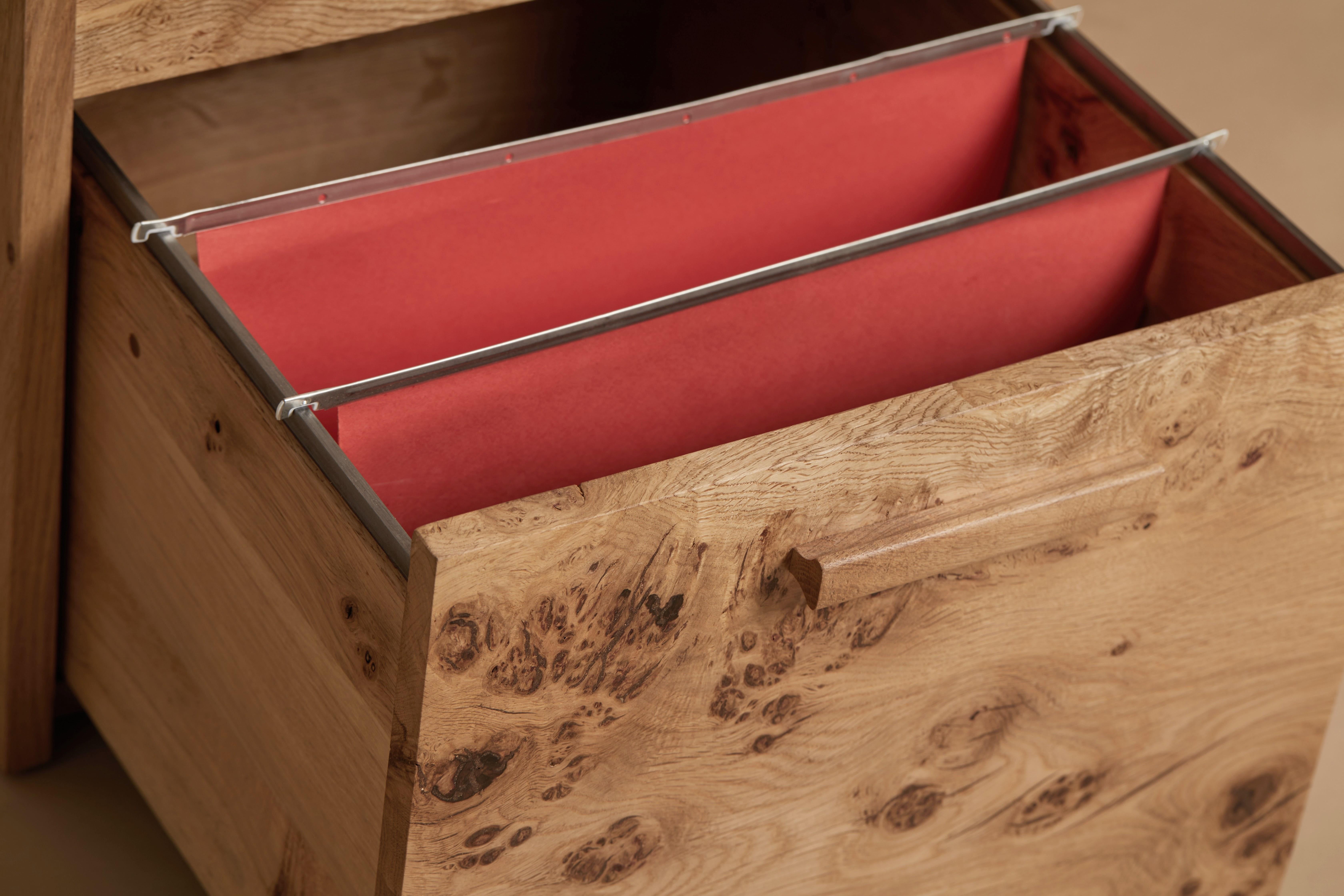 Desk, book-matched pippy English oak, printer and file drawer By Jonathan Field For Sale 2