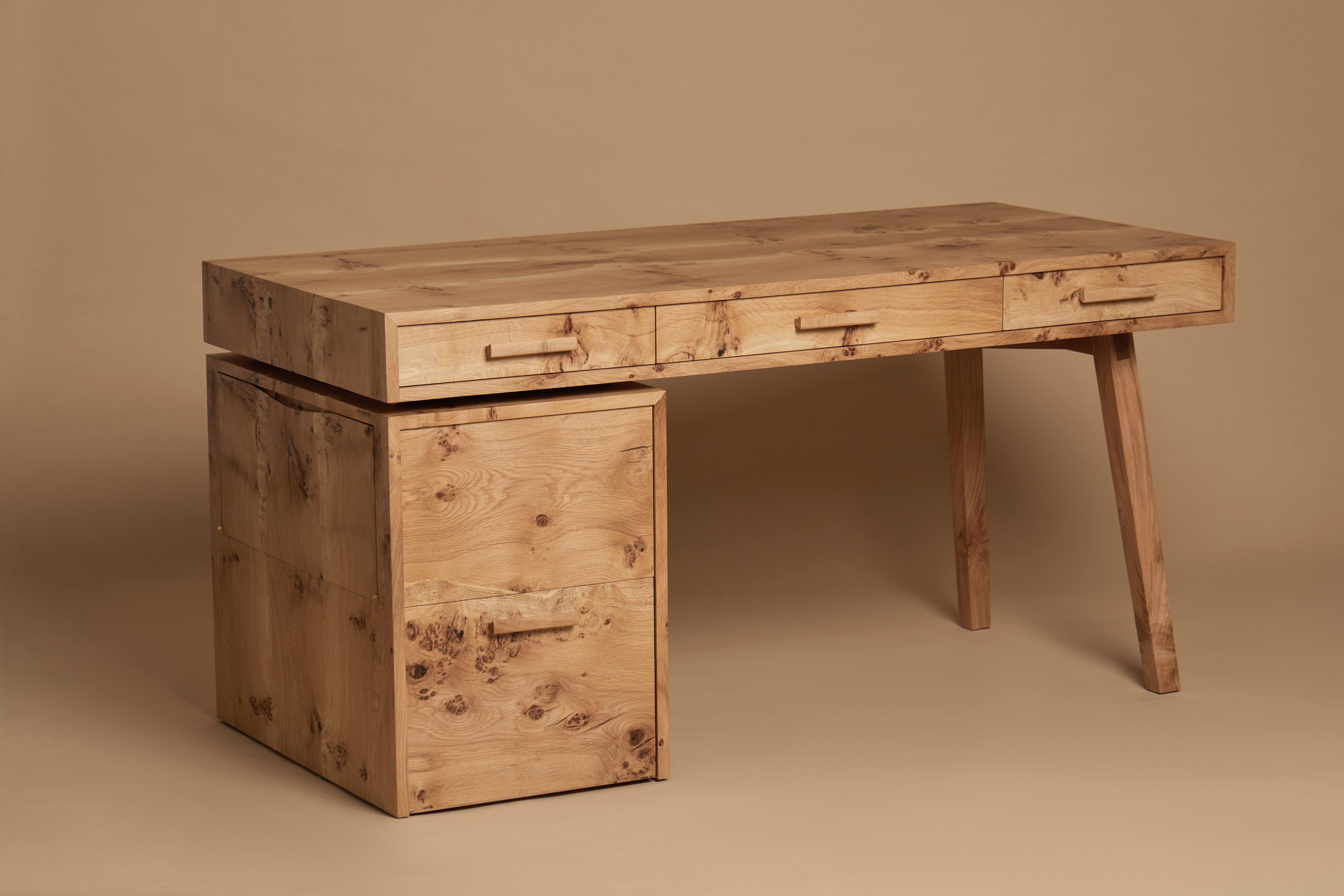 Desk, book-matched pippy English oak, printer and file drawer By Jonathan Field For Sale 3