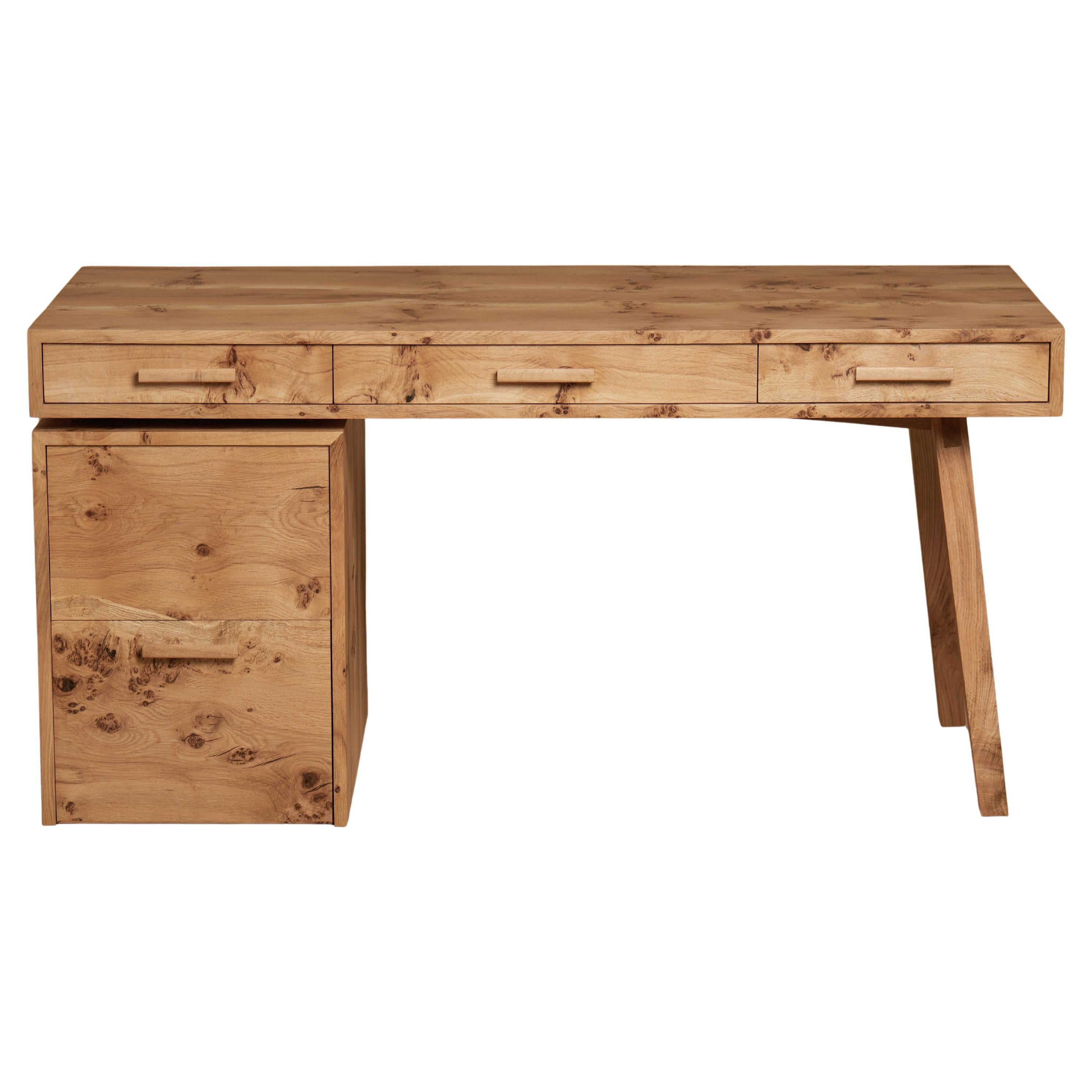 Desk, book-matched pippy English oak, printer and file drawer By Jonathan Field For Sale