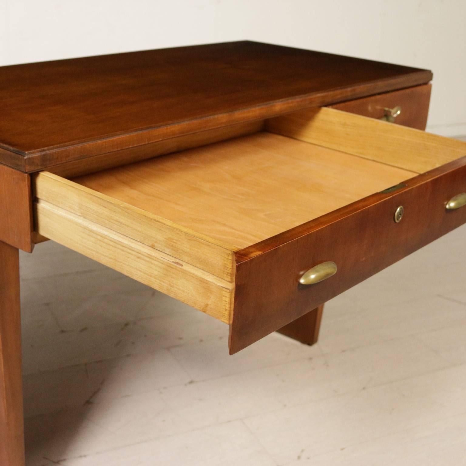 Desk with Drawers Walnut Veneer Brass Vintage, Italy, 1950s In Good Condition In Milano, IT