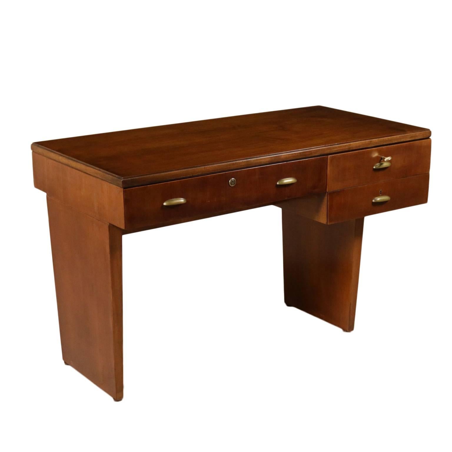 Desk with Drawers Walnut Veneer Brass Vintage, Italy, 1950s