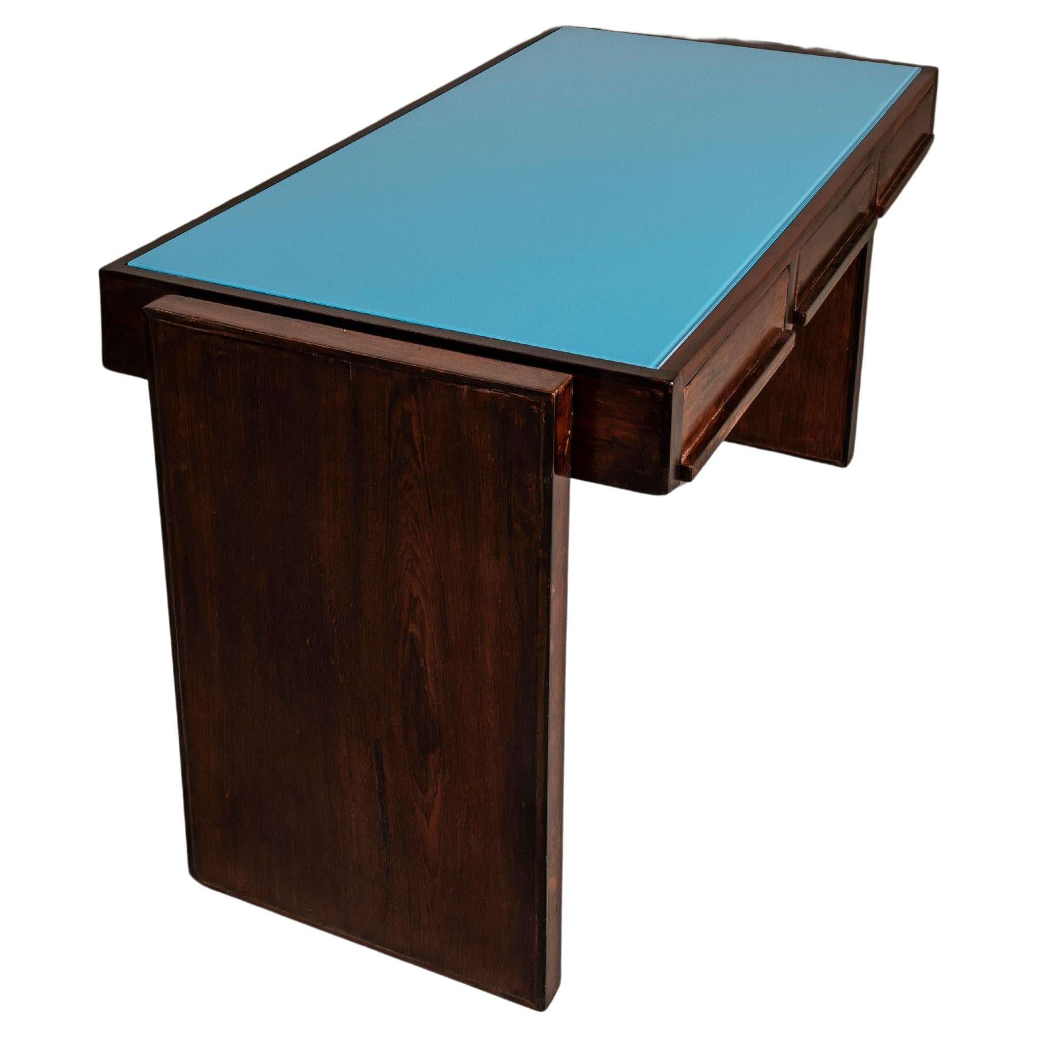 Desk with Painted Glass Top, Joaquim Tenreiro for Bloch Editors, Mid-Century For Sale