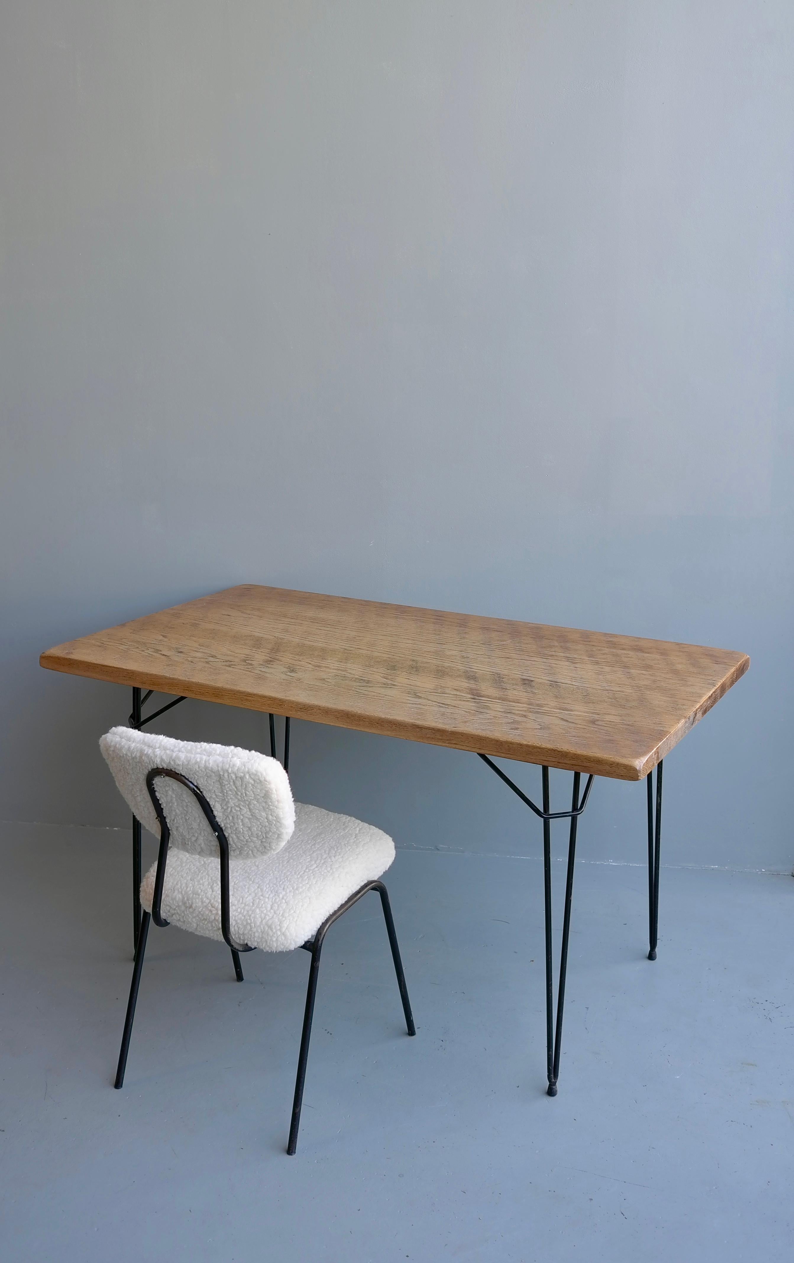 French Desk with Solid Oak Top and Hairpin Leggs, Merino Wool and Metal Chair, 1950's For Sale