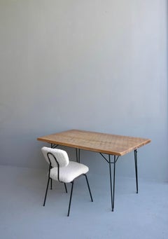 Desk with Solid Oak Top and Hairpin Leggs, Merino Wool and Metal Chair, 1950's