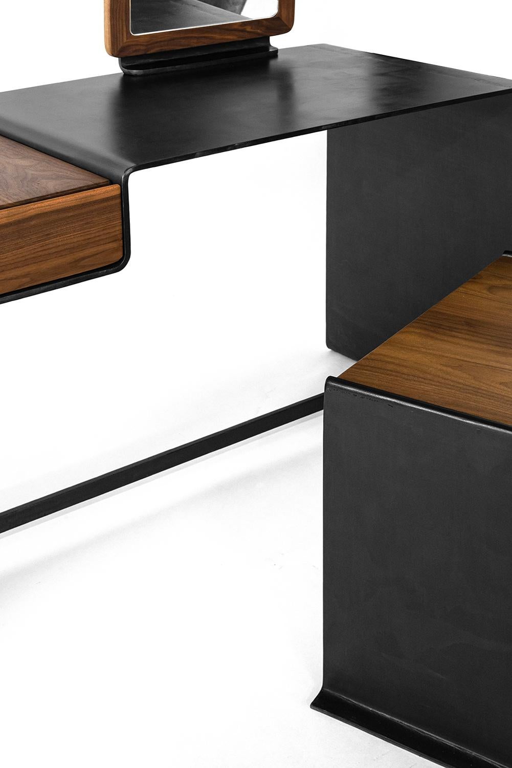 Desk with Vanity Organic Modern Contemporary Blackened Steel and Walnut Drawer For Sale 6