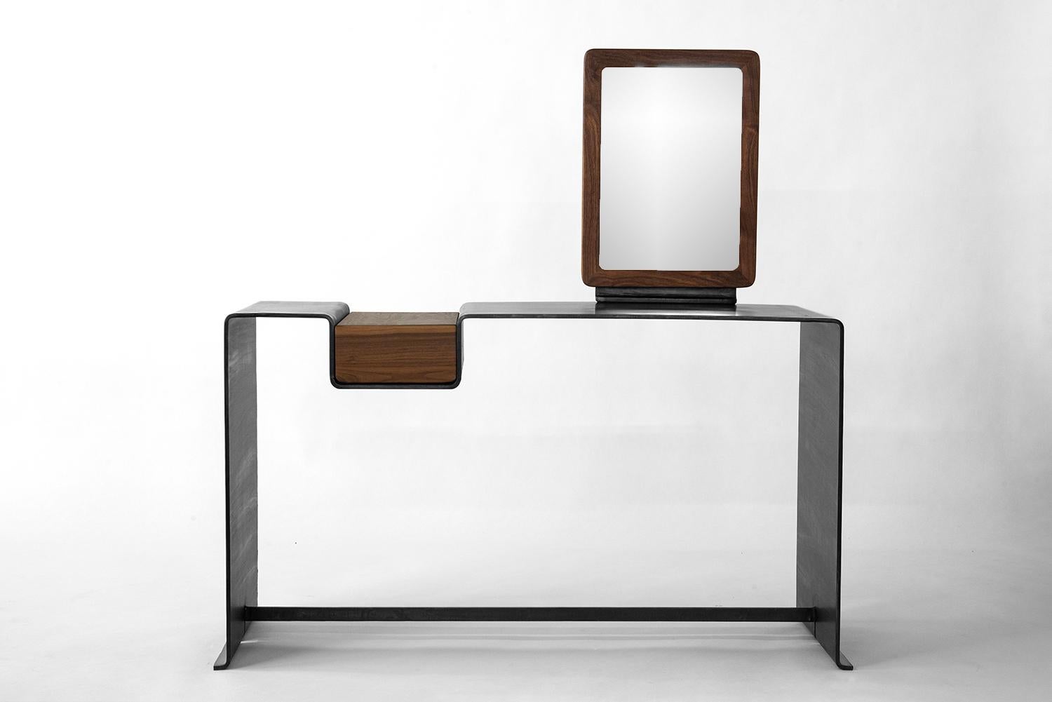 American Desk with Vanity Organic Modern Contemporary Blackened Steel and Walnut Drawer For Sale