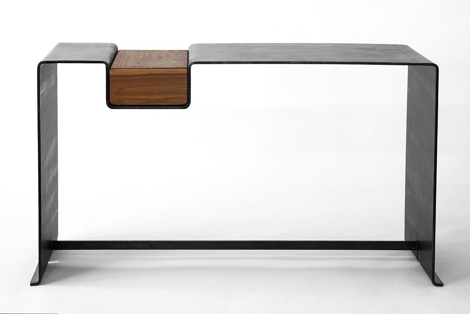Desk with Vanity Organic Modern Contemporary Blackened Steel and Walnut Drawer In New Condition For Sale In Bronx, NY