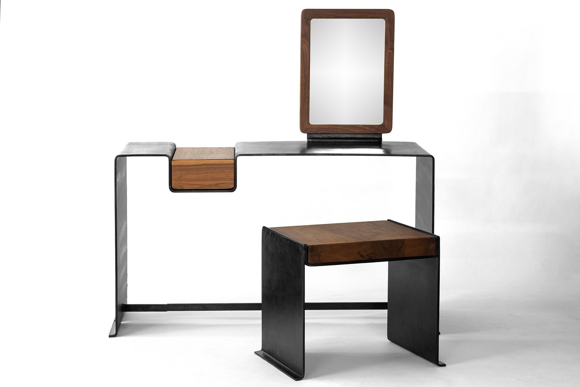 Desk with Vanity Organic Modern Contemporary Blackened Steel and Walnut Drawer For Sale 5