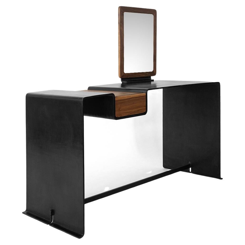 Desk with Vanity Organic Modern Contemporary Blackened Steel and Walnut Drawer For Sale