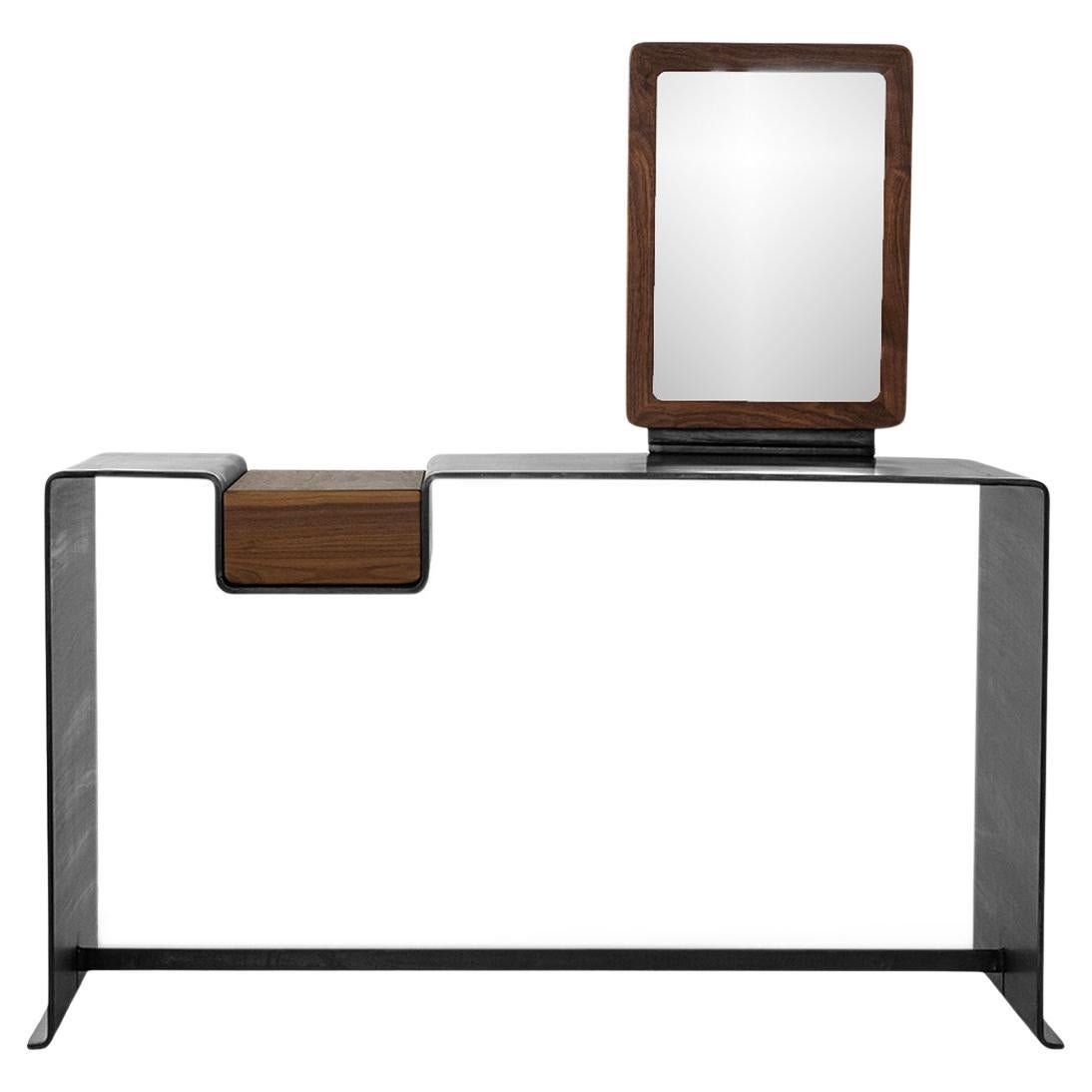 Desk with Vanity Organic Modern Contemporary Blackened Steel and Walnut Drawer For Sale