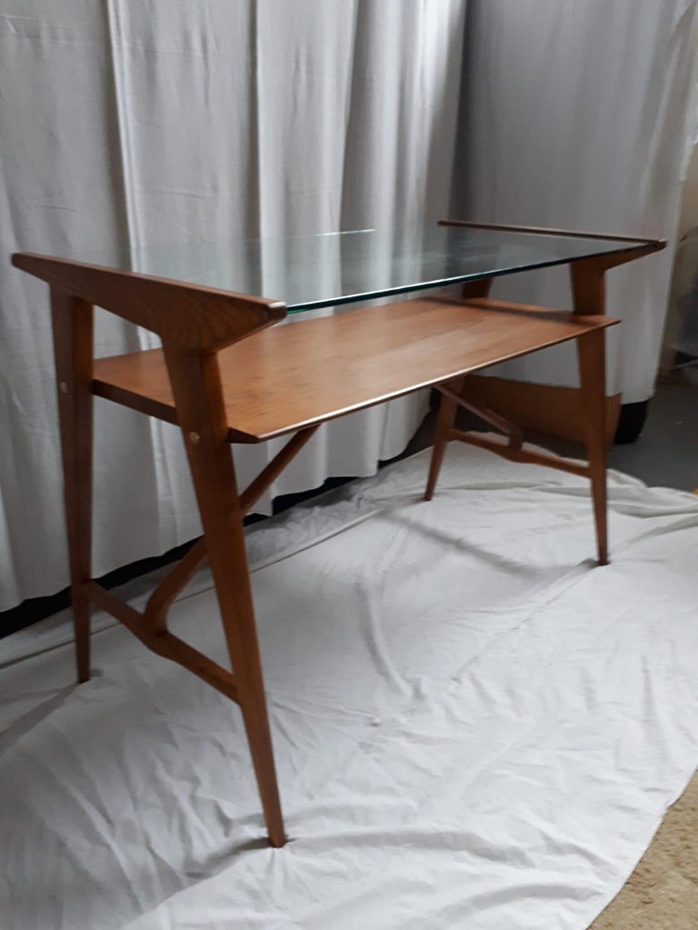 Desk Wooden Structure And Top In Glass 1950 Italy