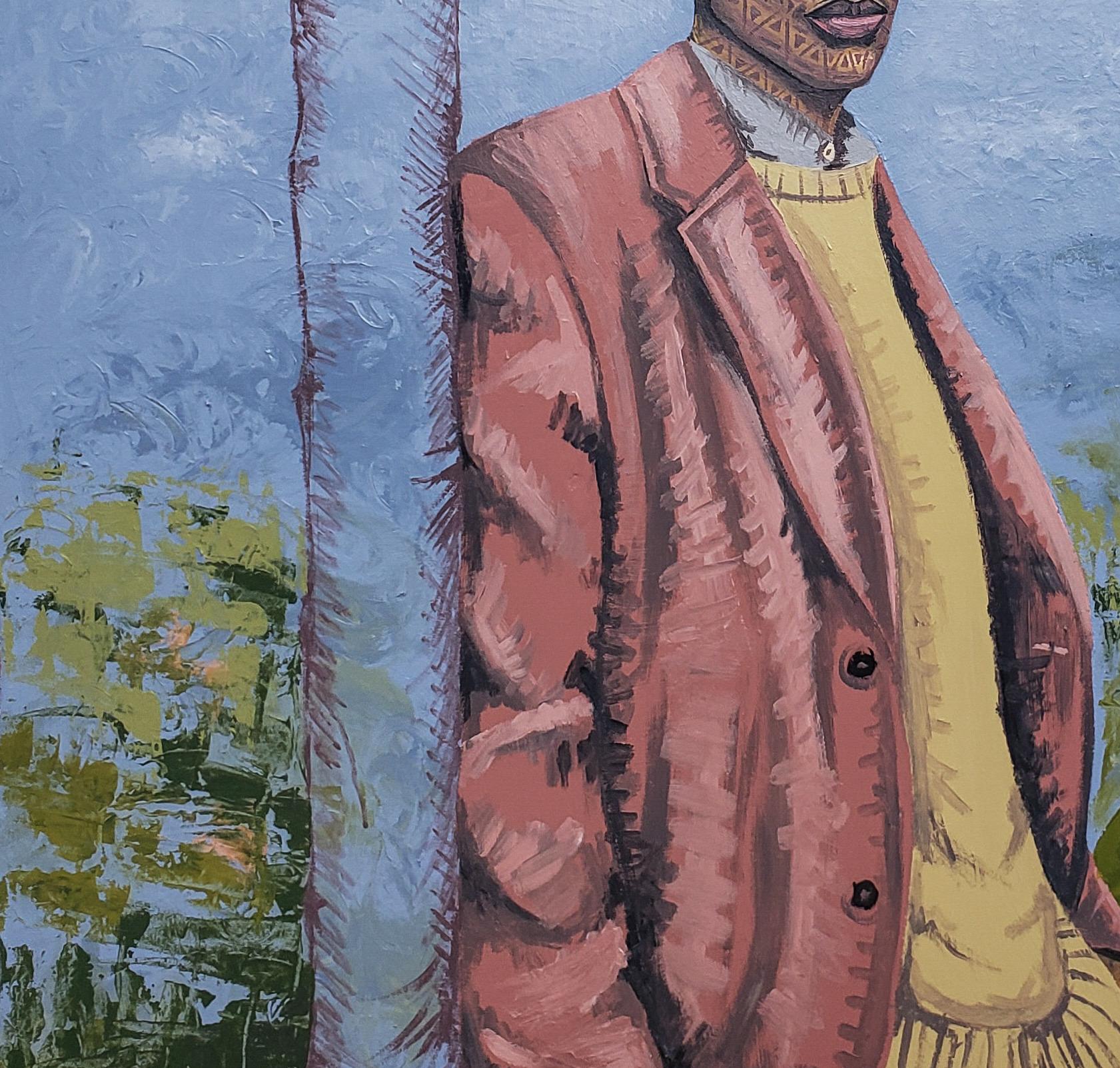 Umrahmt von Laub (Grau), Figurative Painting, von Desmond Akindoju