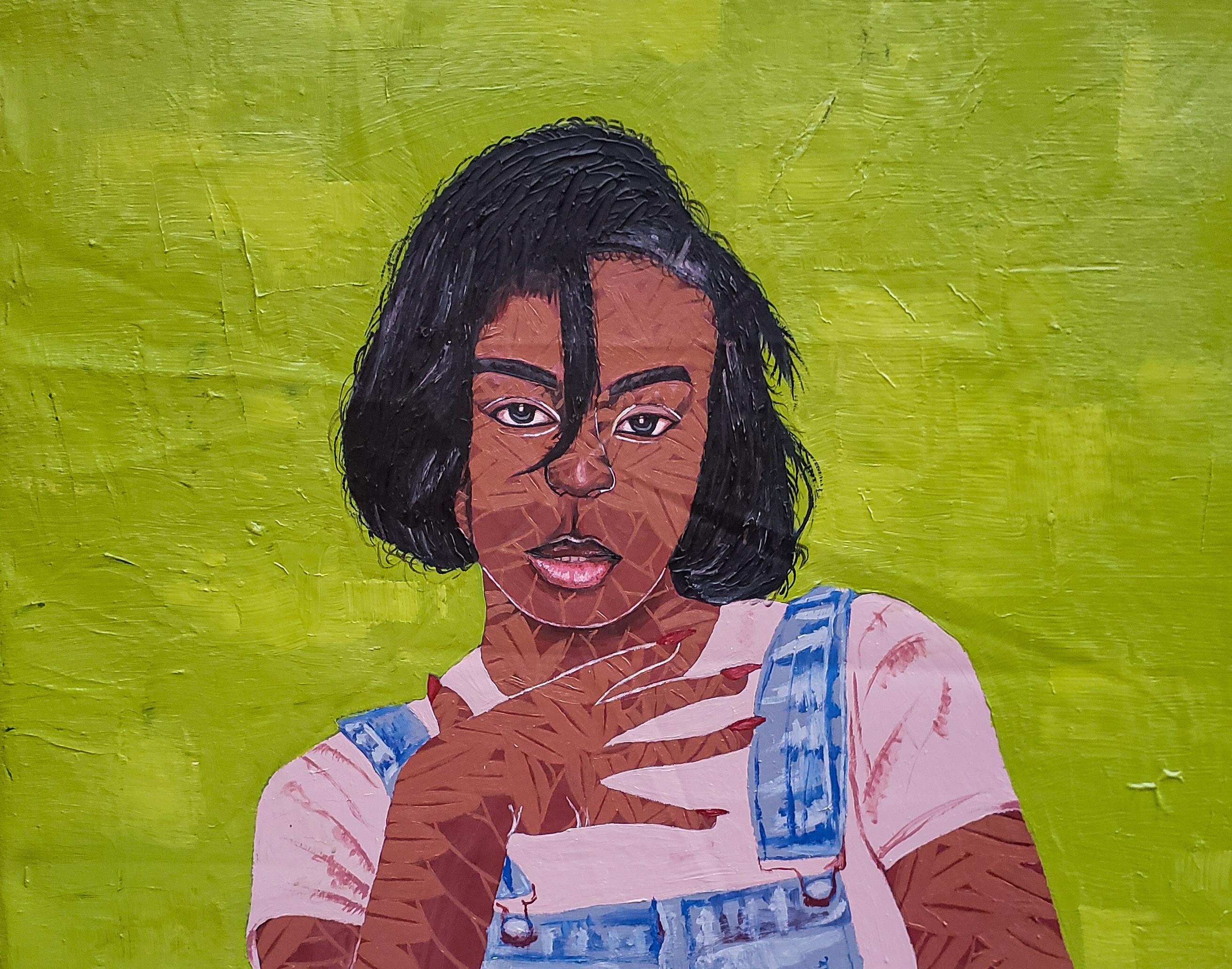 Tranquil Blossom - 21e siècle, AM Contemporary, Portrait figuratif, Femme, Plante - Painting de Desmond Akindoju