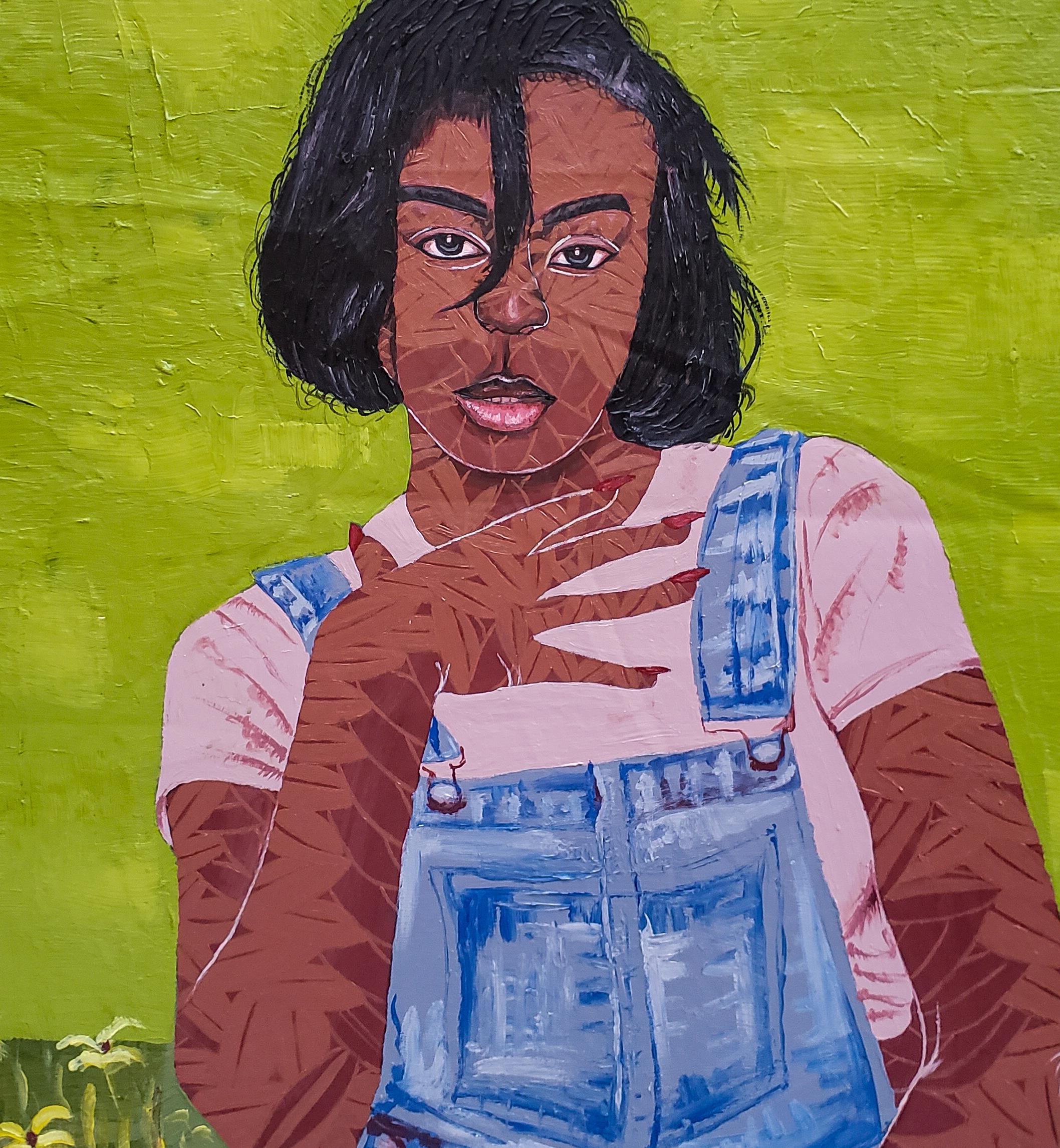 Tranquil Blossom - 21e siècle, AM Contemporary, Portrait figuratif, Femme, Plante - Marron Portrait Painting par Desmond Akindoju
