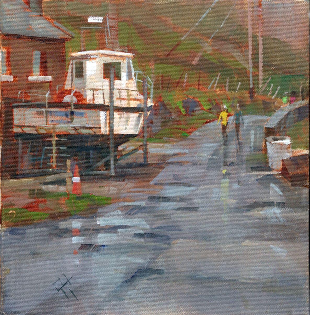Harbour Boat, Inishbofin, Gemälde, Öl auf MDF-Tafel – Painting von Desmond Downes