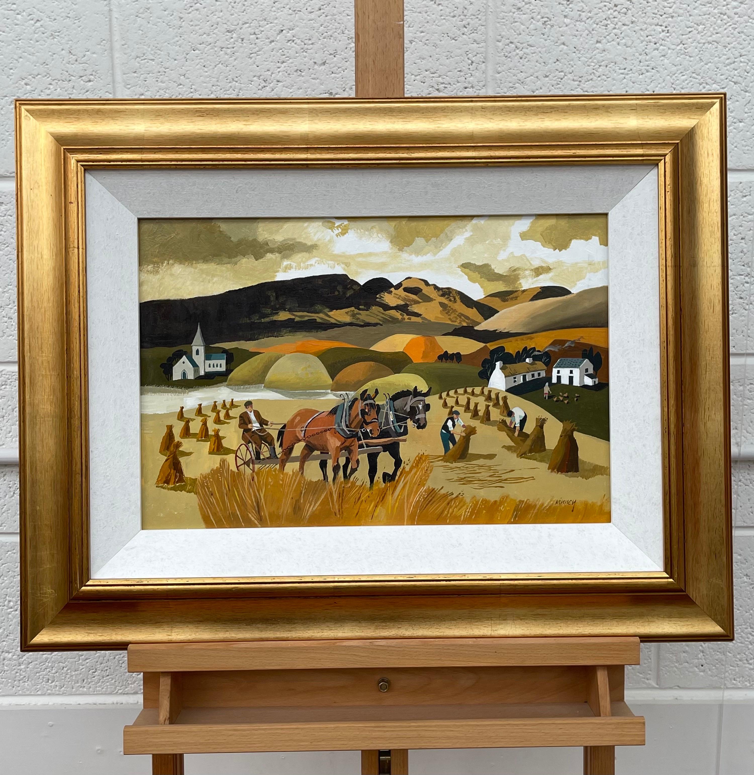Paysage abstrait de chevaux à Cornfield aux couleurs chaudes d'un artiste irlandais moderne - Contemporain Painting par Desmond Kinney