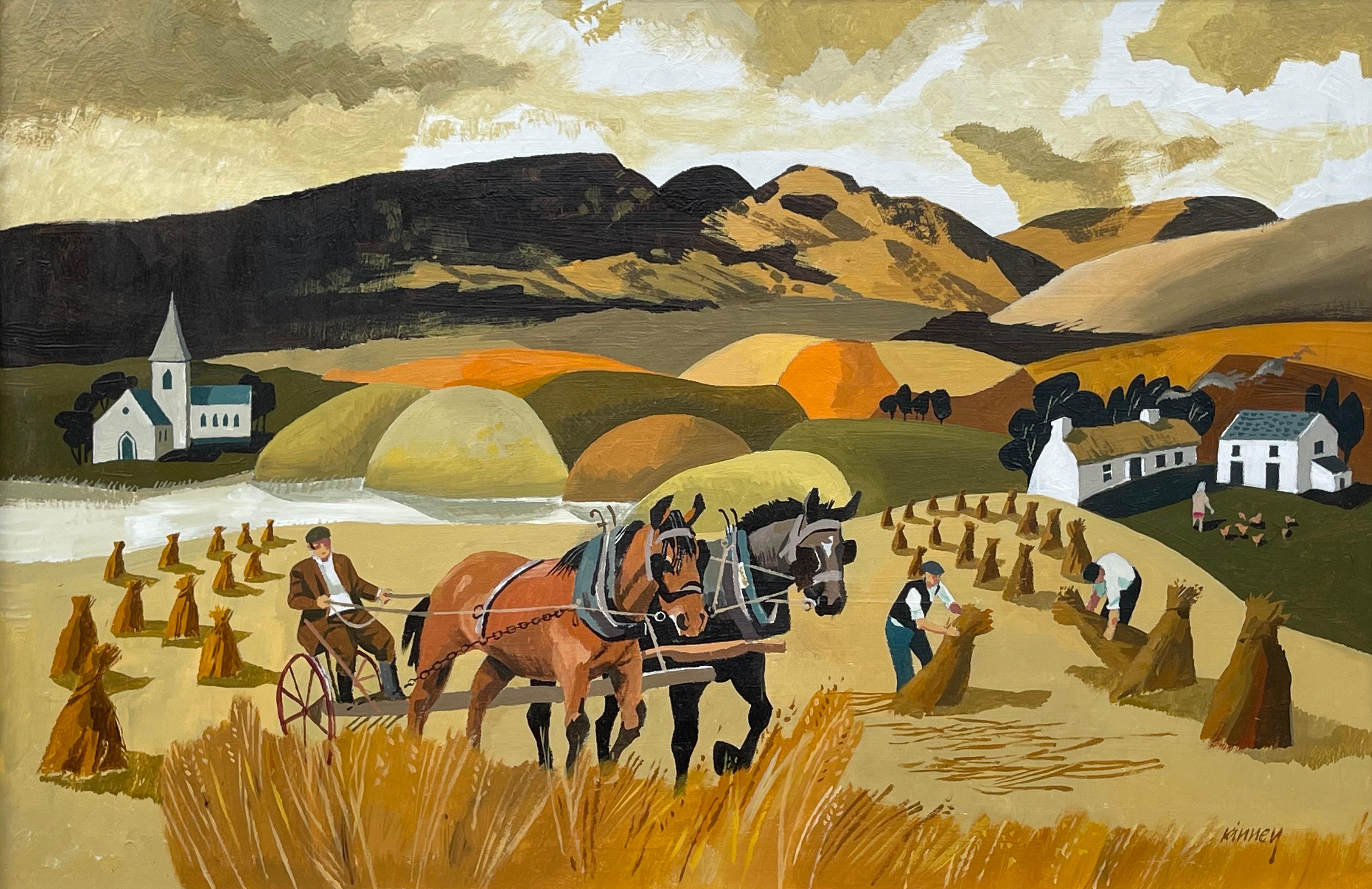Paysage abstrait de chevaux dans un champ de maïs aux couleurs chaudes de l'artiste irlandais moderne Desmond Kinney 

L'œuvre d'art mesure 18 x 12 pouces 
Le cadre mesure 26 x 20 pouces

Desmond Kinney est né à Portstewart en 1934. Il a fréquenté