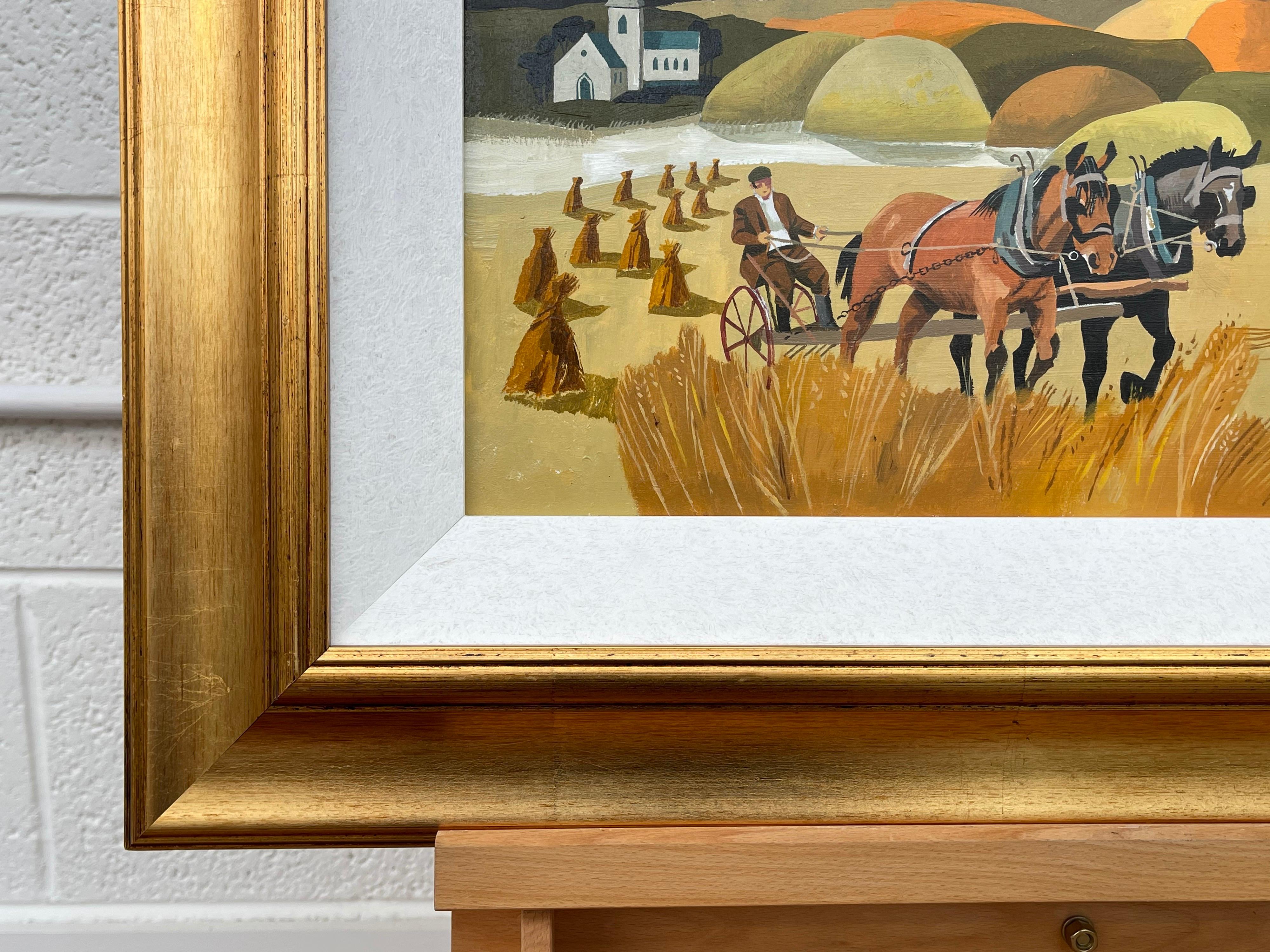 Abstract Landscape of Horses in Cornfield in Warm Colours by Modern Irish Artist - Brown Landscape Painting by Desmond Kinney