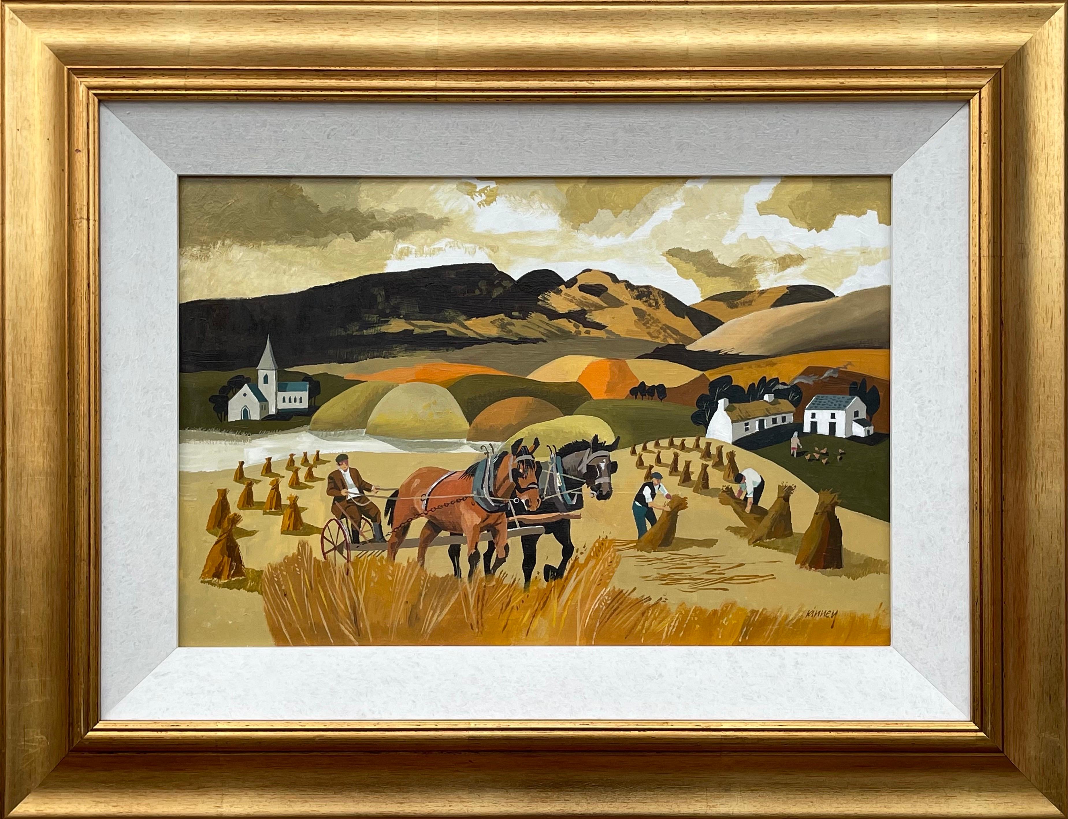Landscape Painting Desmond Kinney - Paysage abstrait de chevaux à Cornfield aux couleurs chaudes d'un artiste irlandais moderne