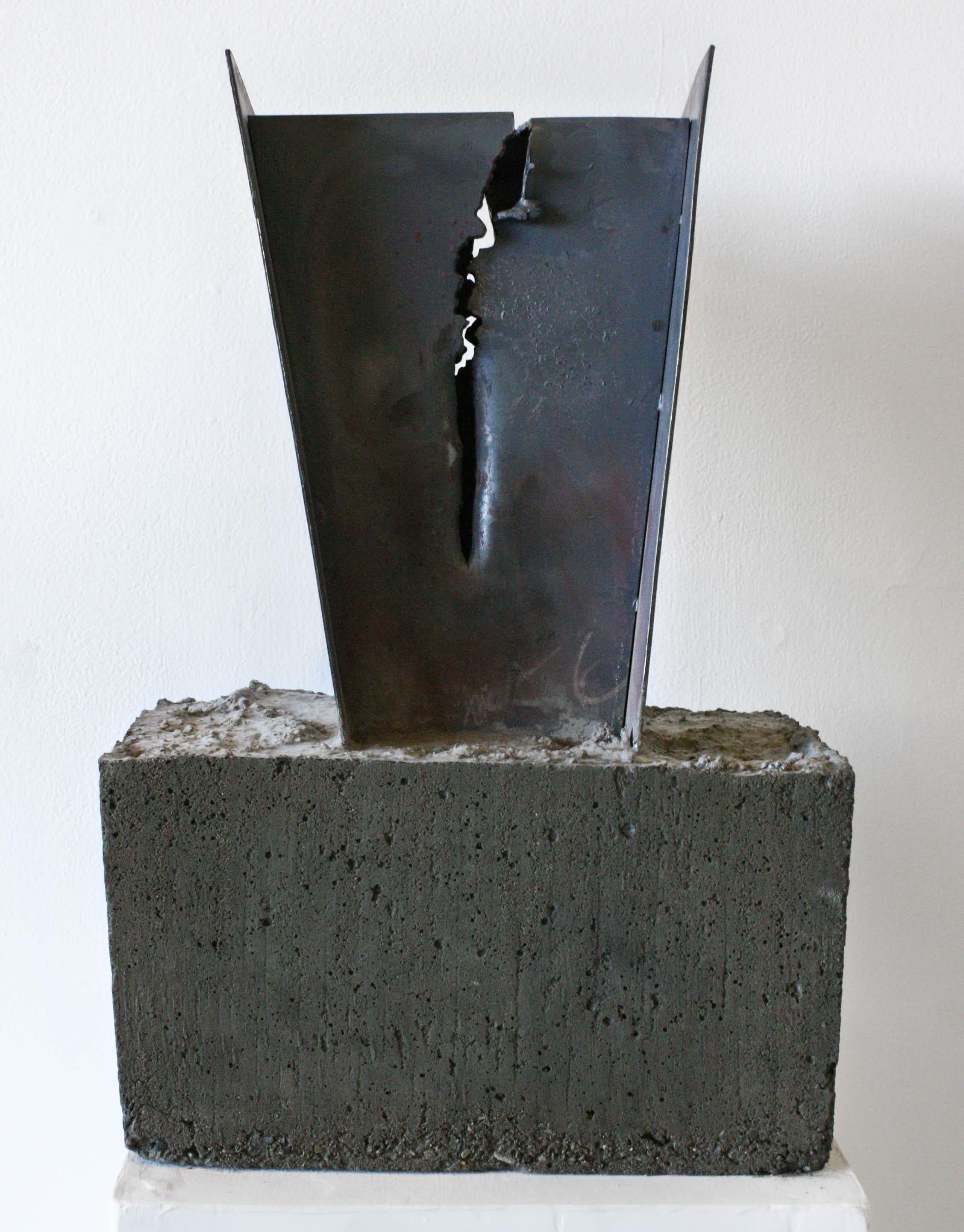 Desmond Lewis Abstract Sculpture - Bout that split tho- Concrete, Steel, Black, Distressed, Sculpture, Freestanding