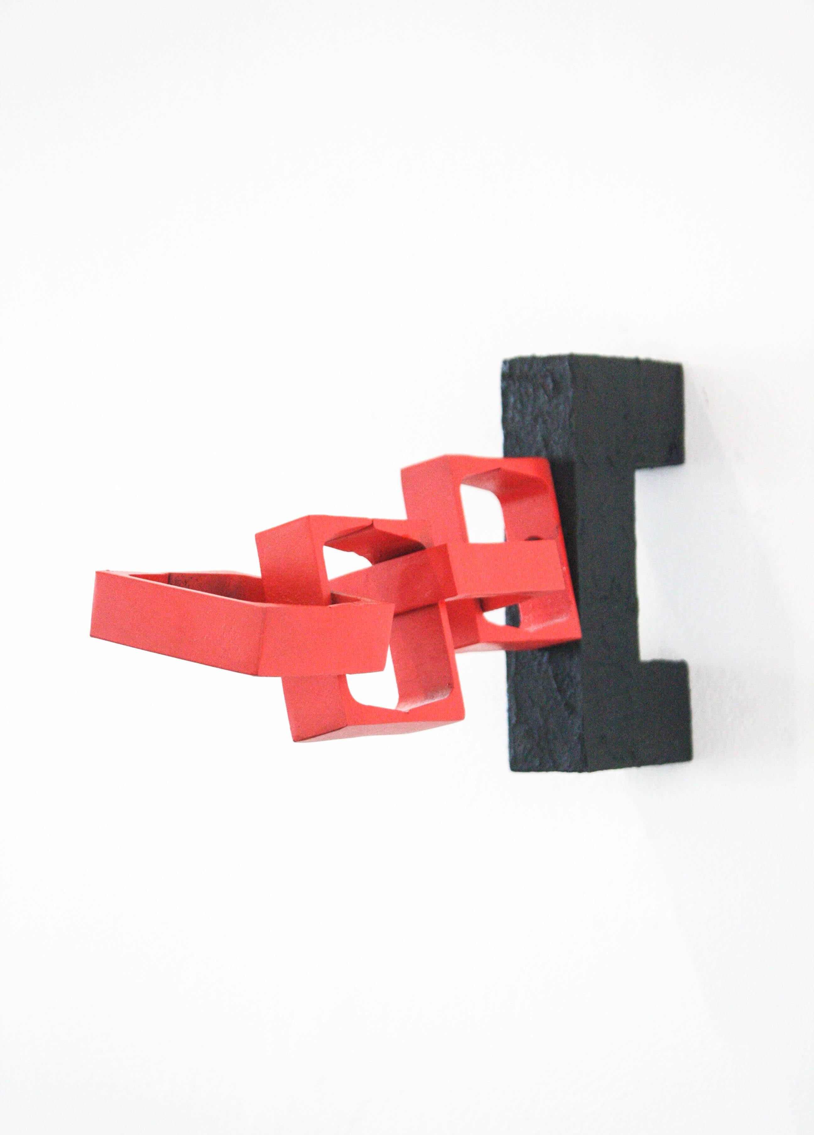 Handshake- Plastic, Spray Paint, Steel, Red, Chain, Sculpture, Wall Mounted - Gray Abstract Sculpture by Desmond Lewis