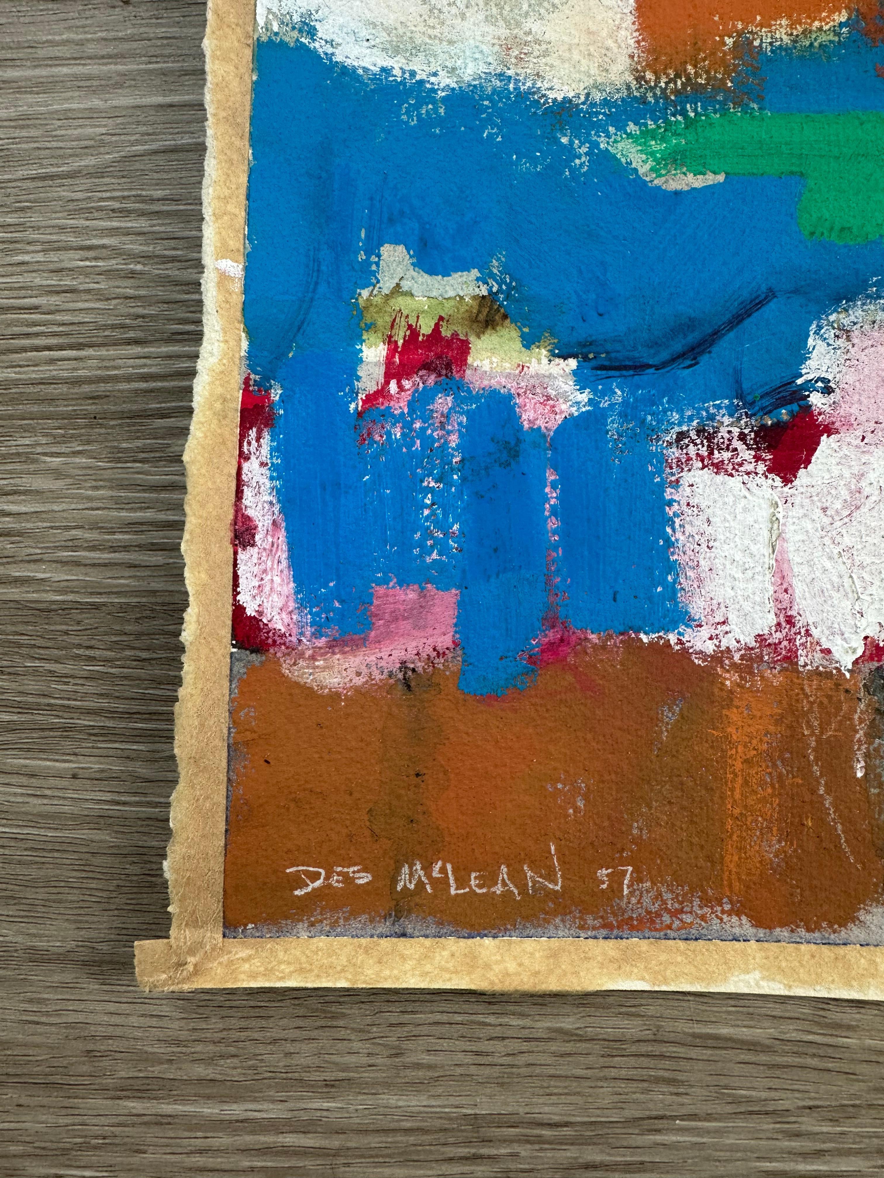 Desmond Mclean (1929-2015).

Ohne Titel, 1957. 

Gemischte Medien auf schwerem Velinpapier. 

Das Bild misst 14,5 x 21,5 Zoll auf einem Blatt von 15,5 x 22,5 Zoll. Ungerahmt. 

Geboren: Irland  

Studium: Heatherly School of Art, London; American