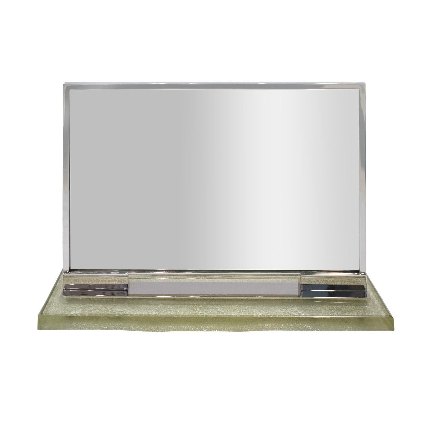 Rare and important vanity mirror in silverplate with thick glass base by Maison Desny Paris (1927-1933) ca. 1930 (Signed “DESNY PARIS, MADE IN FRANCE, DEPOSE”).  The bottom of the glass base is sand-blasted.  The back of the mirror is a beautiful