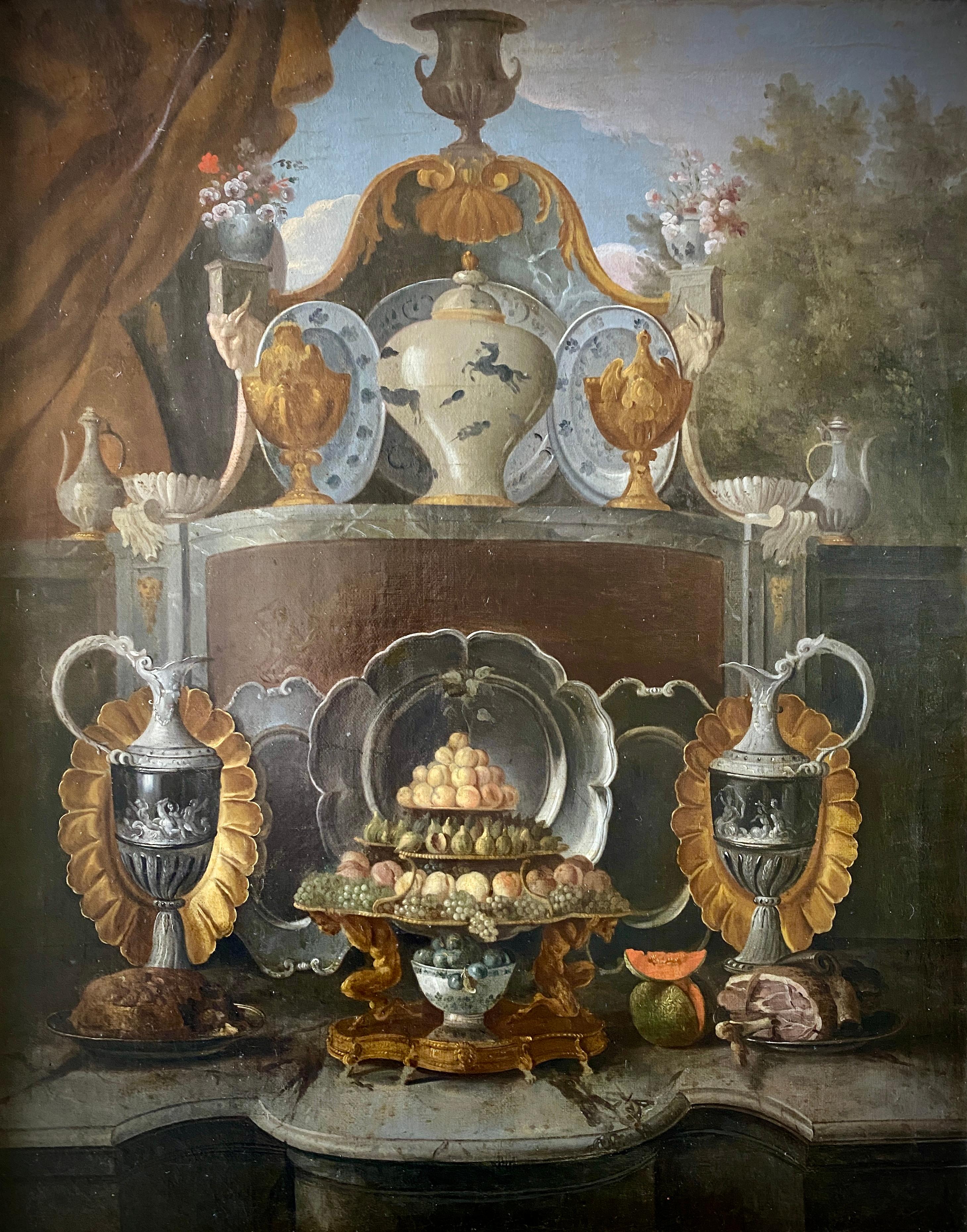 Still Life with Silver, Porcelain and Fruit, Alexandre François Desportes - Painting by Desportes Alexandre François