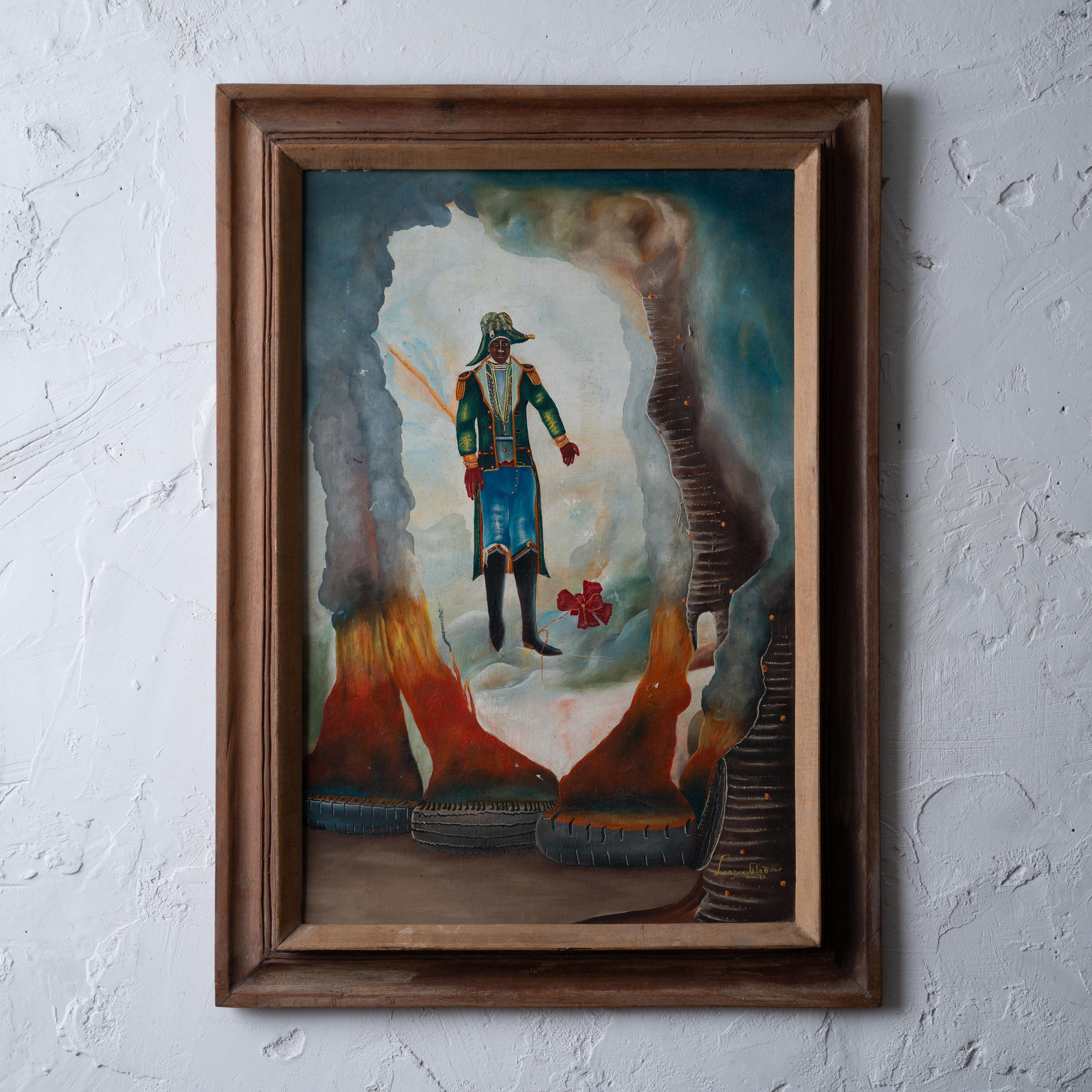Peinture haïtienne sur carton de Dessalines, signée Leopaule Jeovar, 1986.

Titre au verso : 