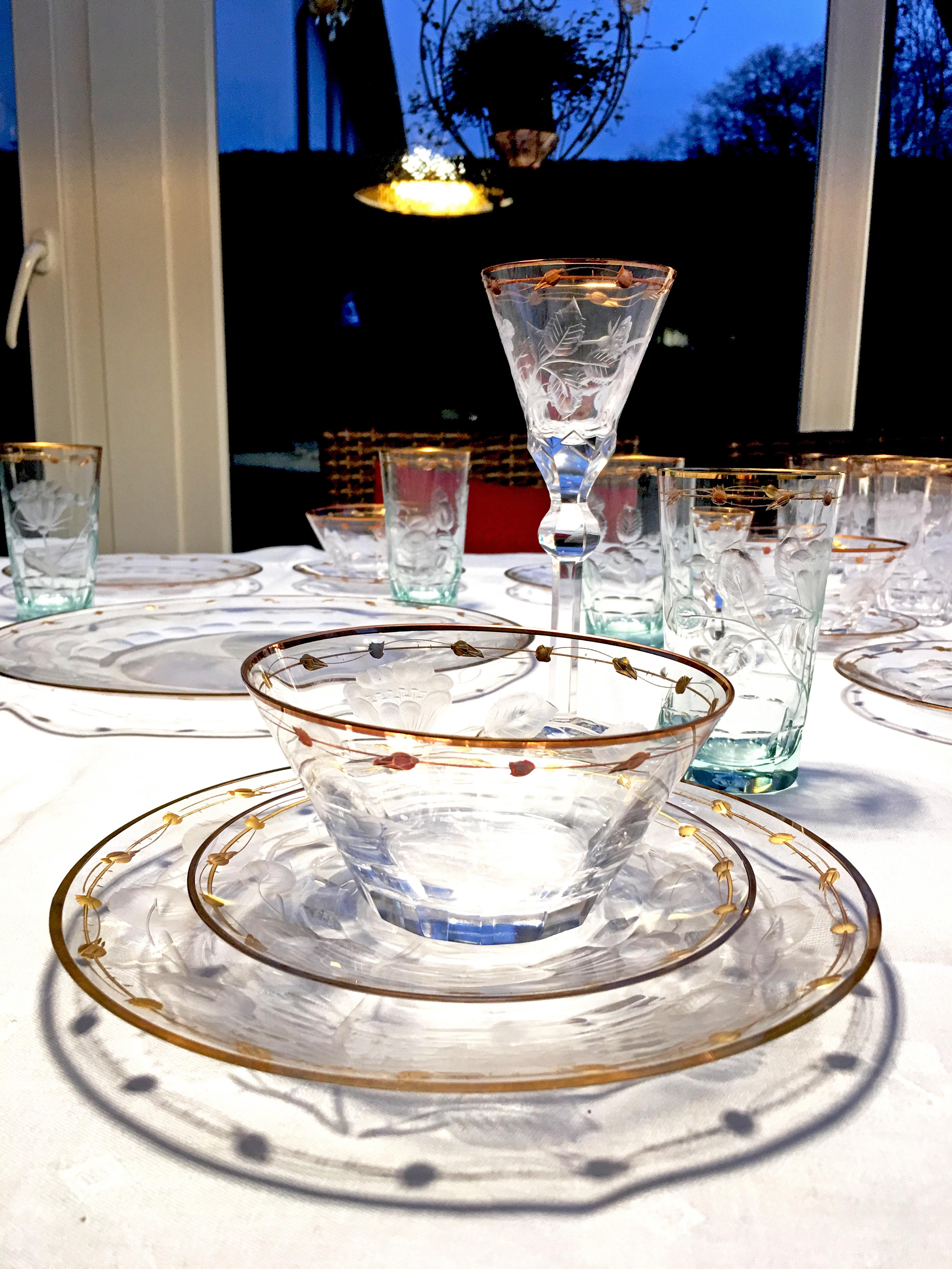 Dessert Bowls, Art Nouveau Hand Blown, Engraved, Gilded Rose 'Paula' by Moser 6