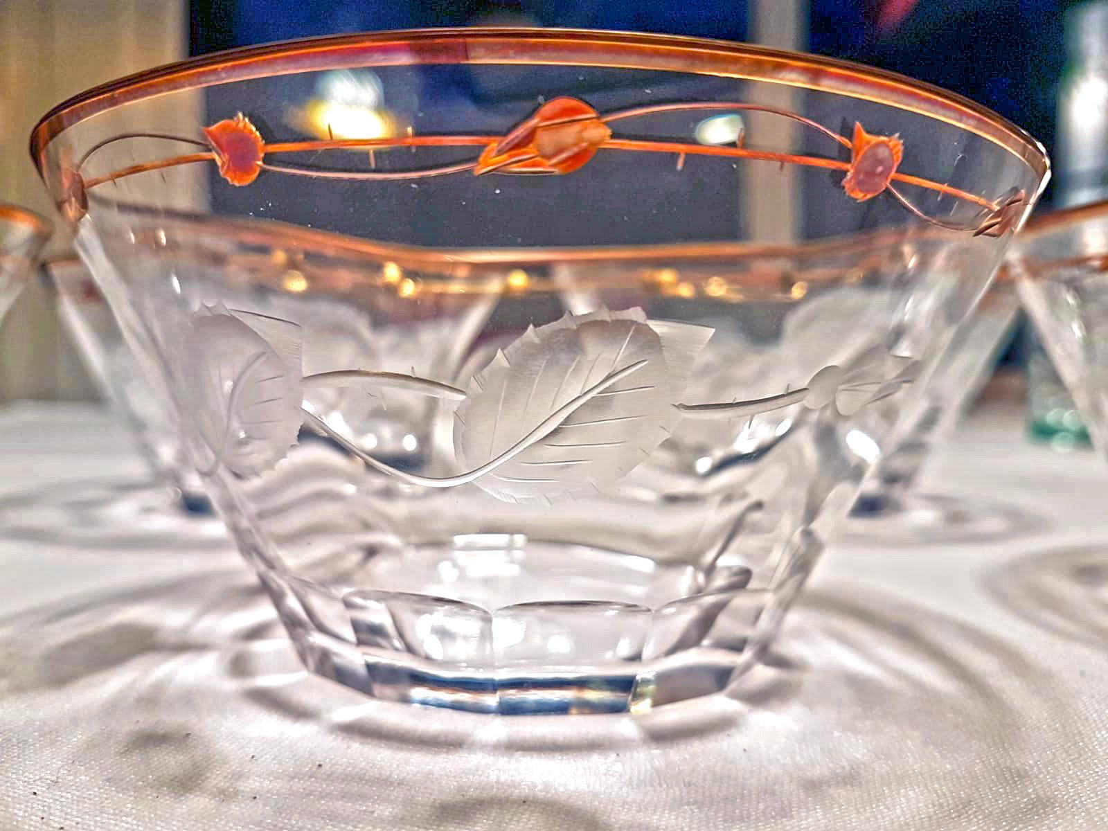 Crystal Dessert Bowls, Art Nouveau Hand Blown, Engraved, Gilded Rose 'Paula' by Moser
