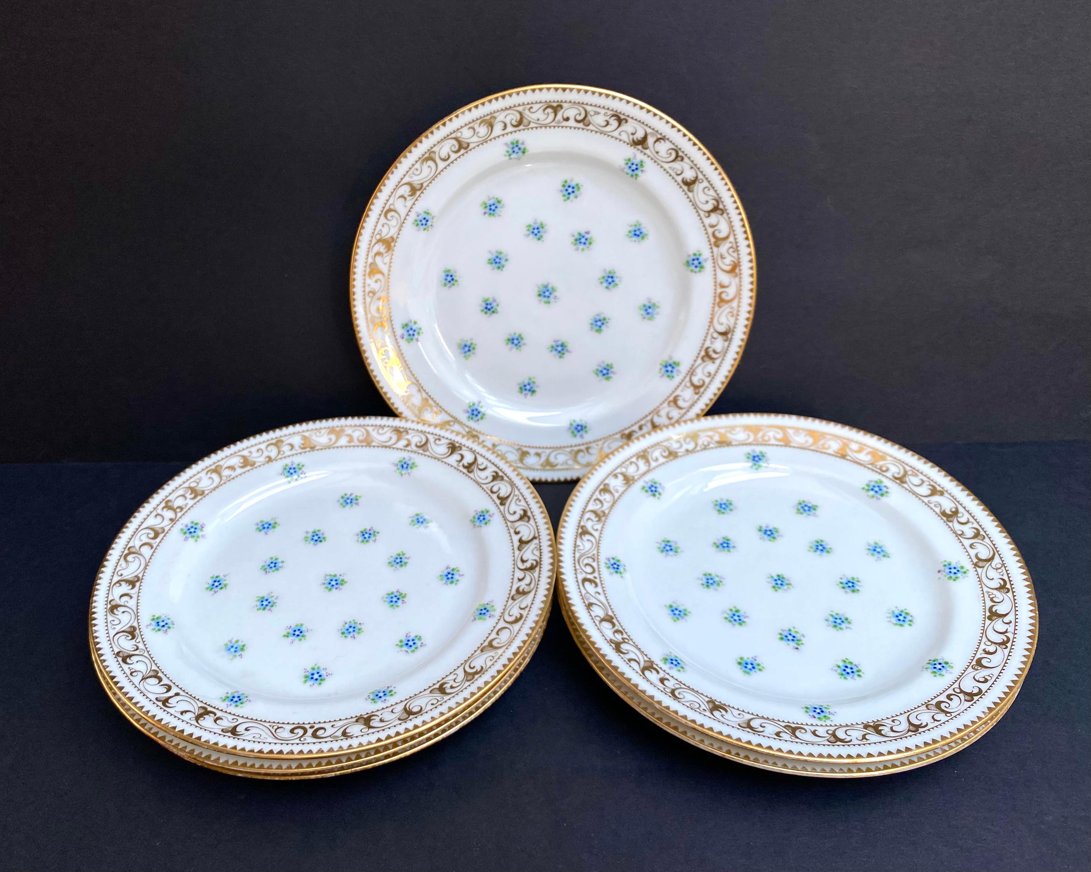 Antique Set 6 porcelain dessert plates from France for connoisseurs of unique unusual tableware.

Dinner set of plates for 6 people made of high-strength porcelain, which is characterized by a bright white color with a floral decoration and gold