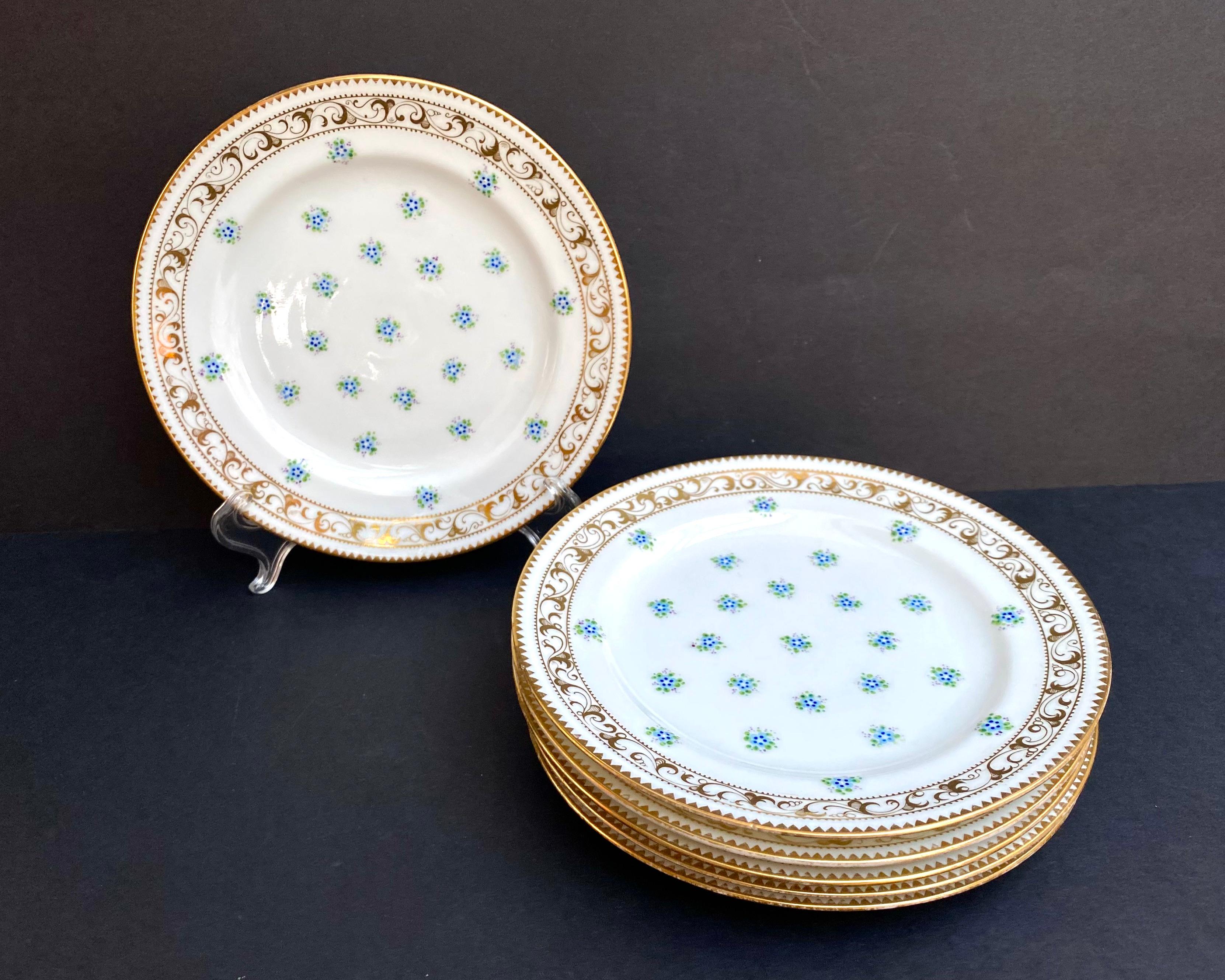 French Dessert Plates Antique Set 6 Hand-Painted Plates in Porcelain France, 1930s