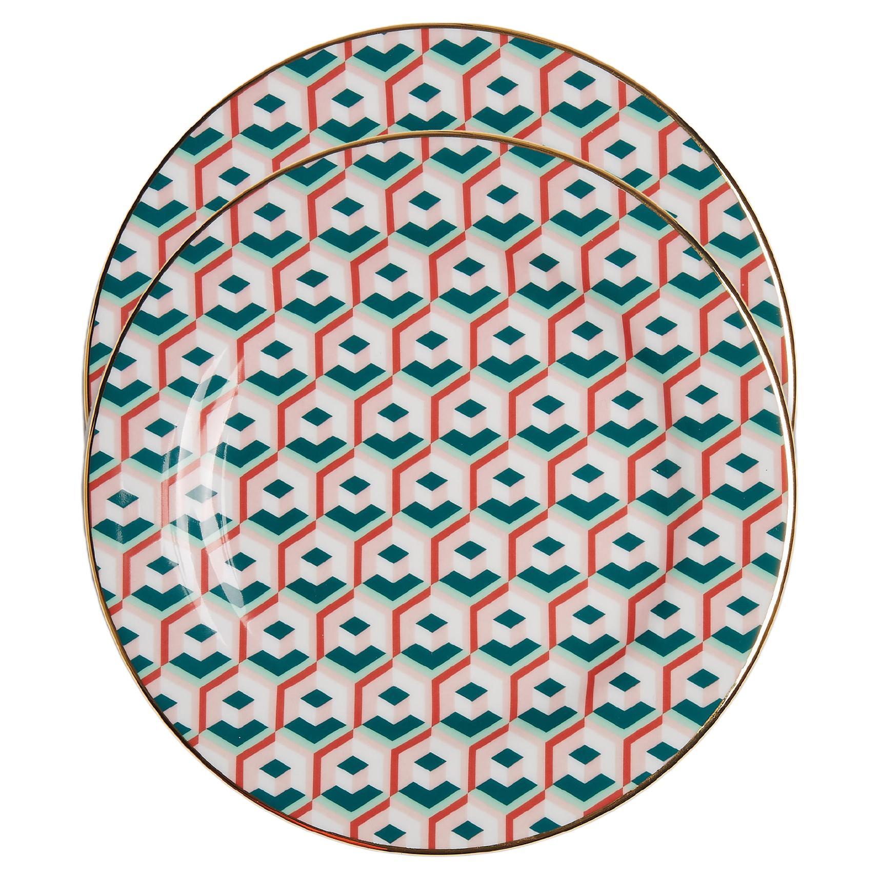 Dessert Plates Set of 2 Cubi Oro Print, 100 Porcelain by La DoubleJ