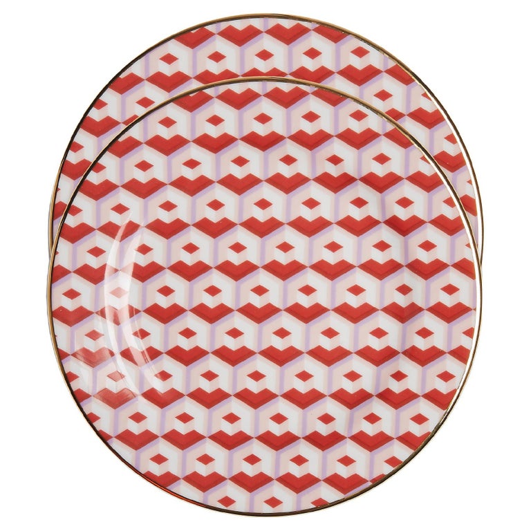 Dessert Plates Set of 2 Cubi Rosso Print, 100% Porcelain by La DoubleJ For Sale